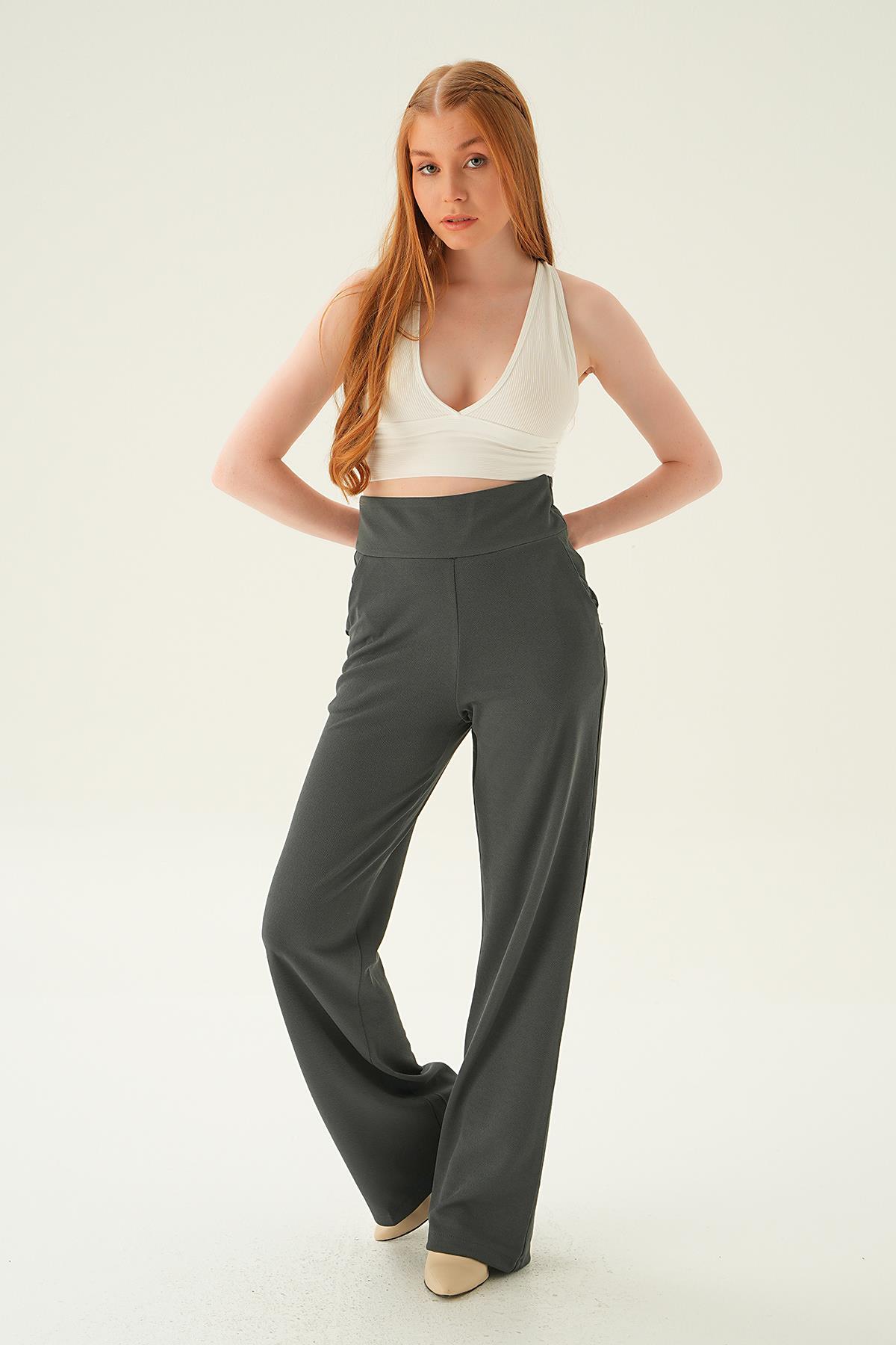 4056A Yüksek Bel Cepli Palazzo Pantolon Füme - 1