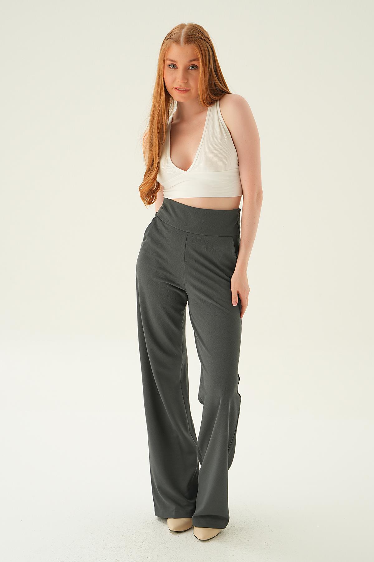 4056A Yüksek Bel Cepli Palazzo Pantolon Füme - 2