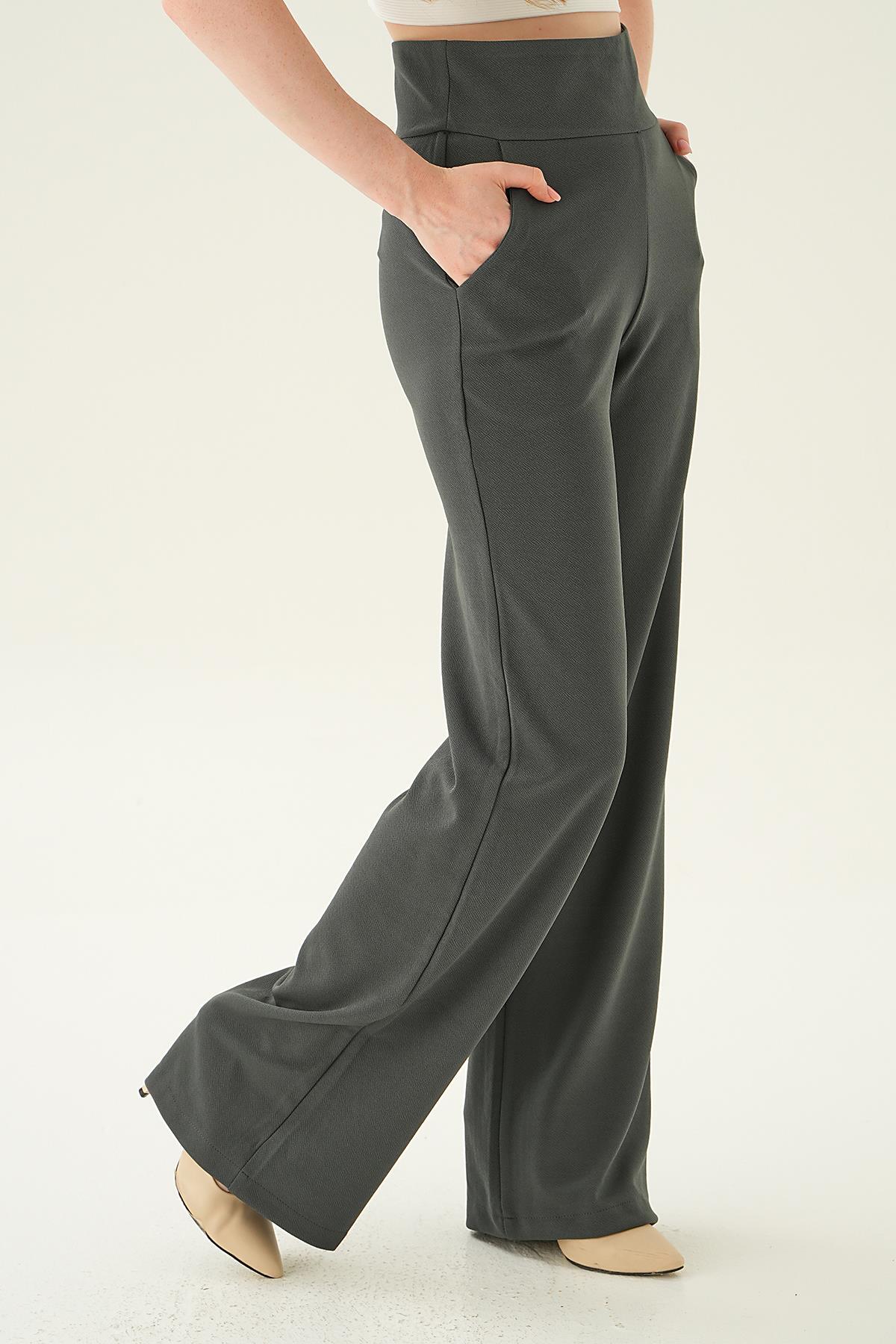 4056A Yüksek Bel Cepli Palazzo Pantolon Füme - 4