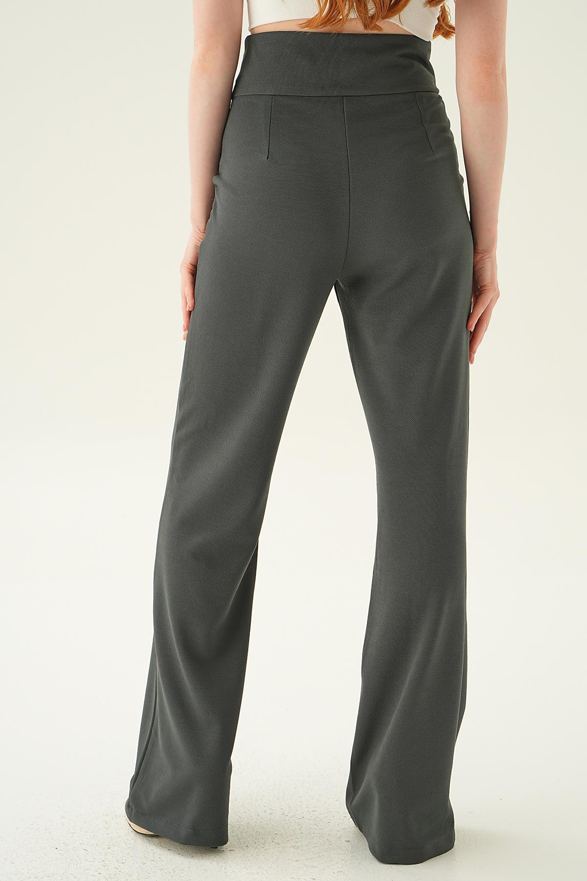 4056A Yüksek Bel Cepli Palazzo Pantolon Füme - 5