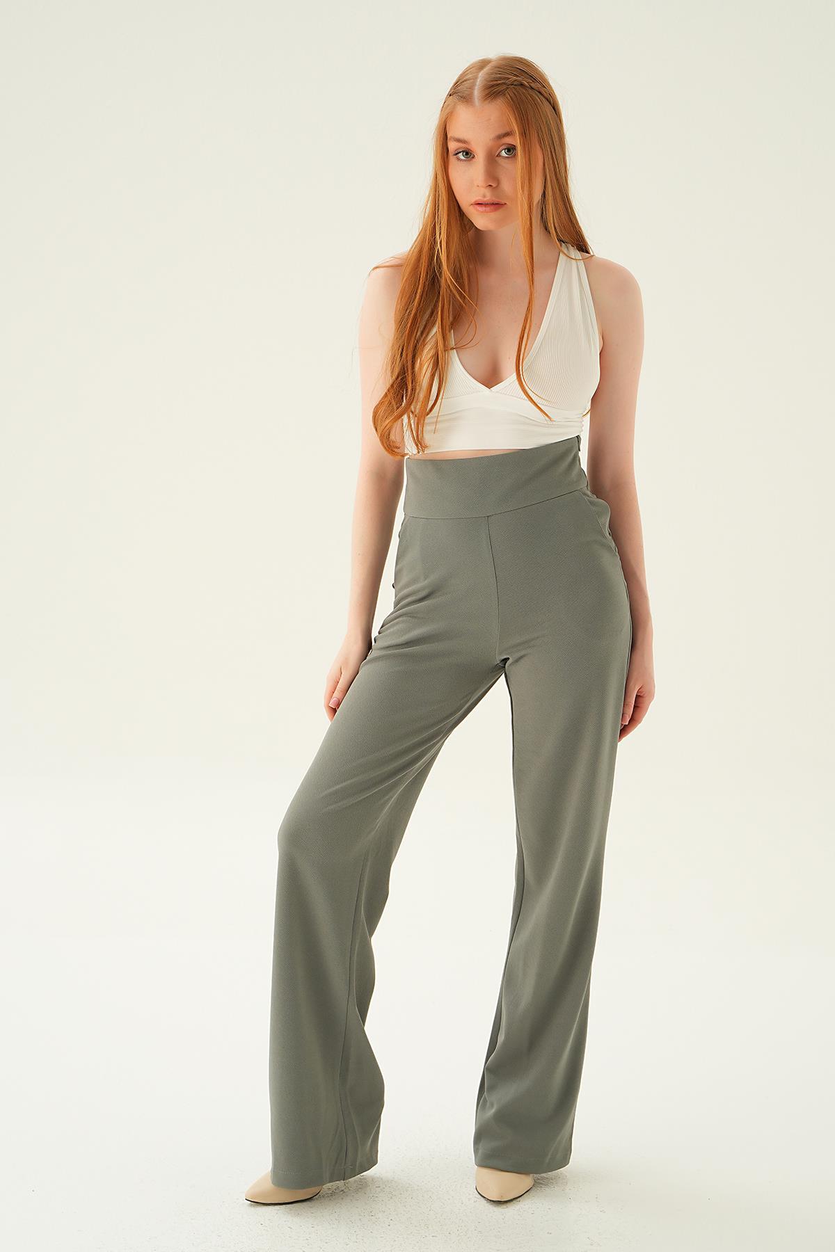 4056A Yüksek Bel Cepli Palazzo Pantolon Gri 