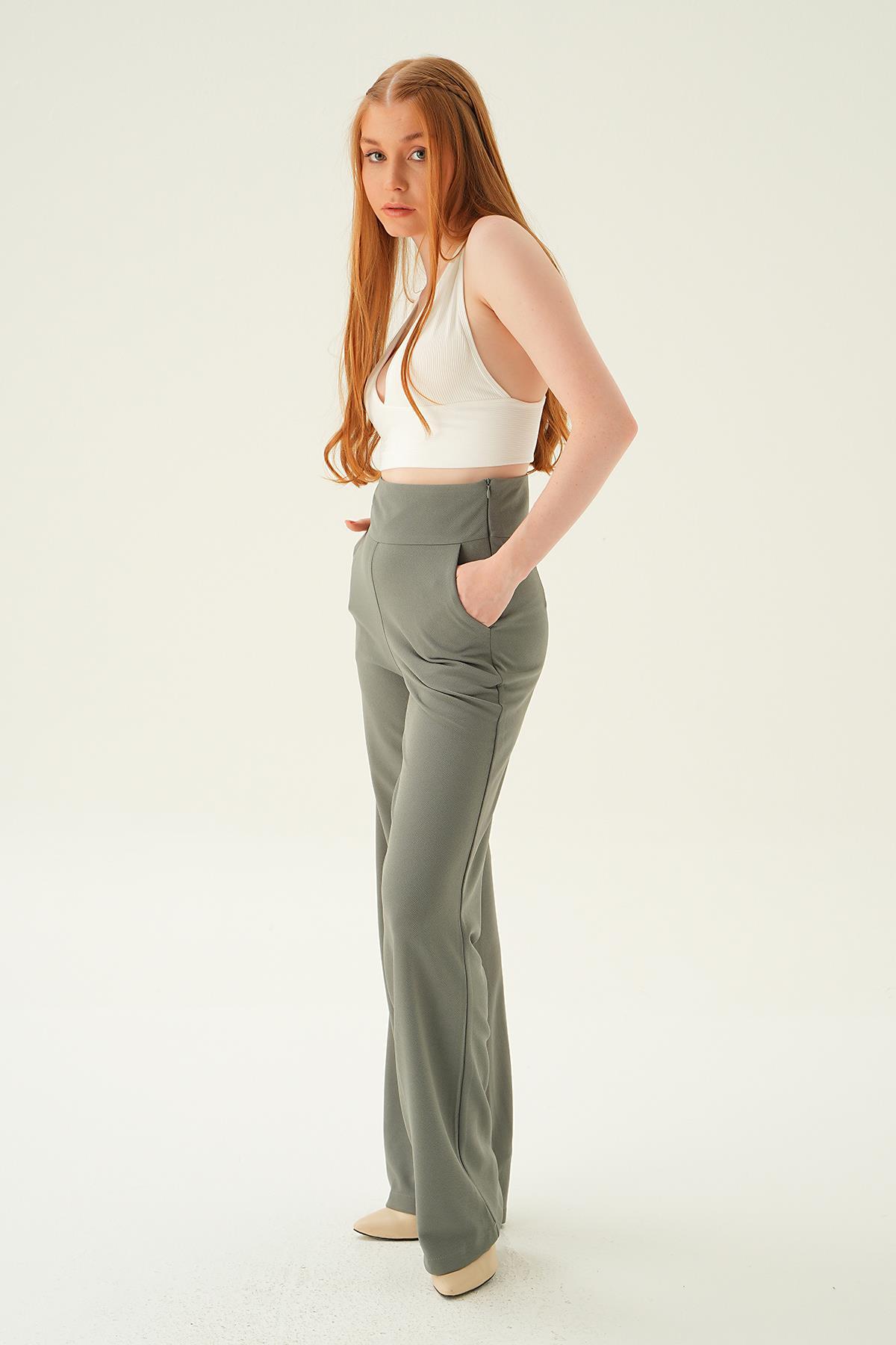 Gri Yüksek Bel Cepli Palazzo Pantolon 4056A - 6