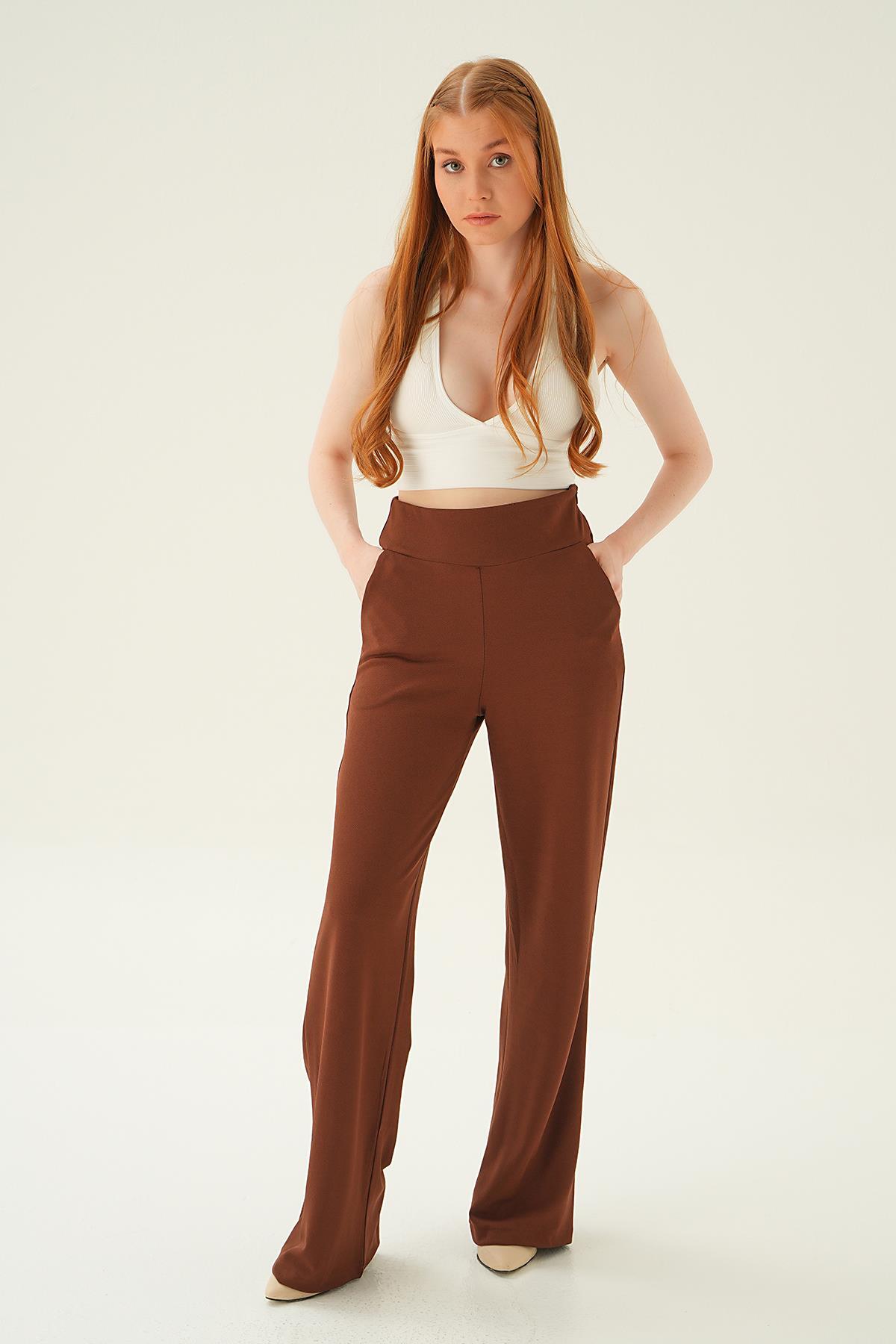 4056A Yüksek Bel Cepli Palazzo Pantolon Kahve 