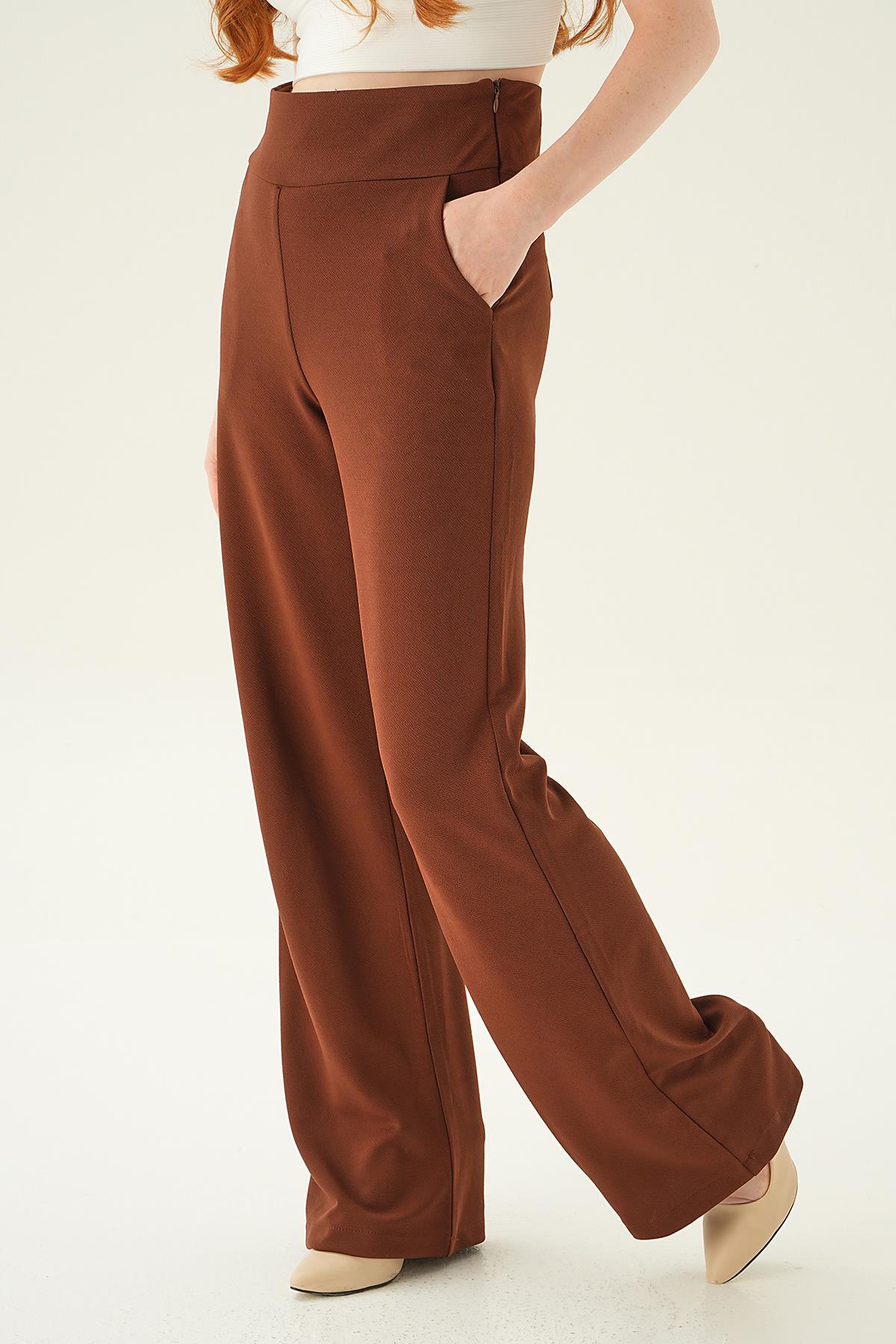 4056A Yüksek Bel Cepli Palazzo Pantolon Kahve - 3