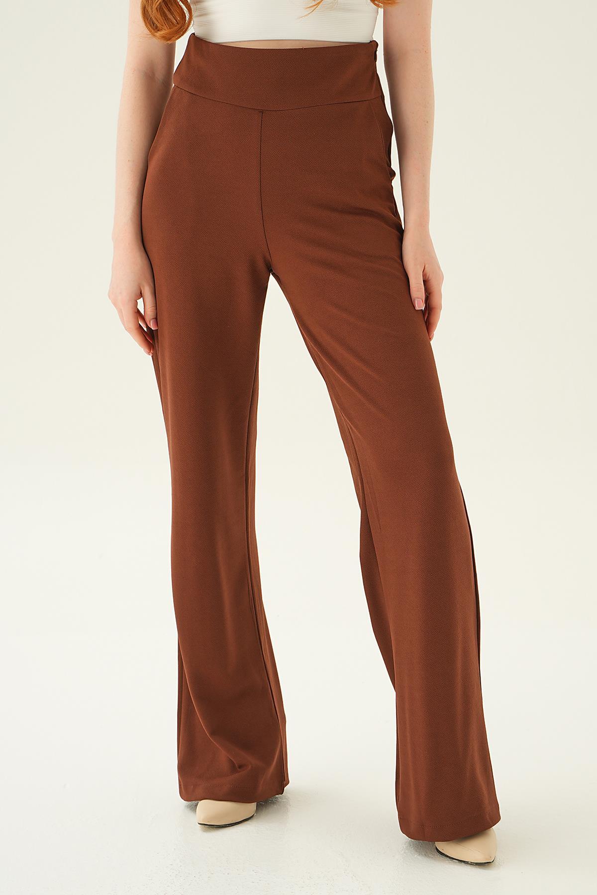 Kahve Yüksek Bel Cepli Palazzo Pantolon 4056A - 2