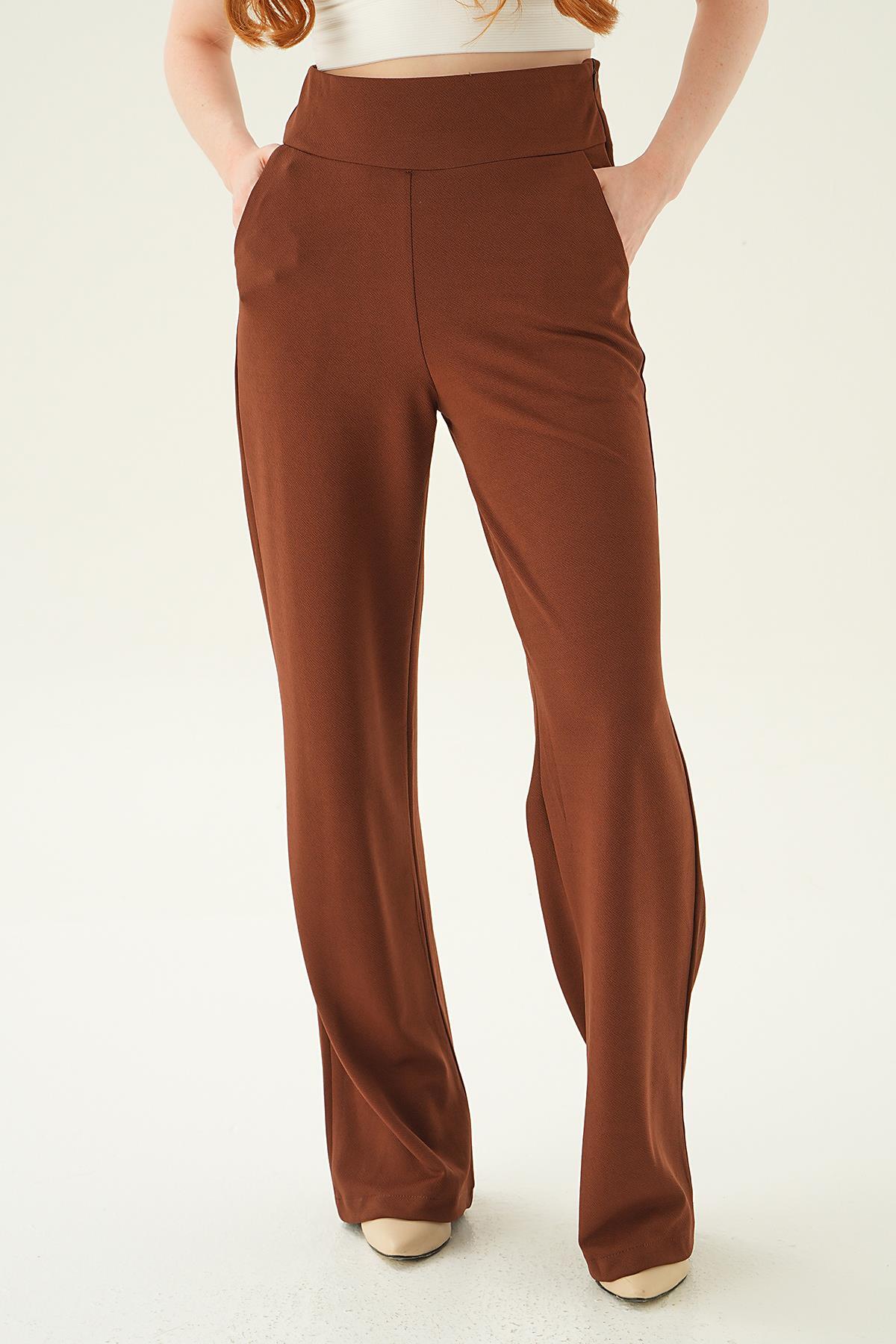Kahve Yüksek Bel Cepli Palazzo Pantolon 4056A - 4