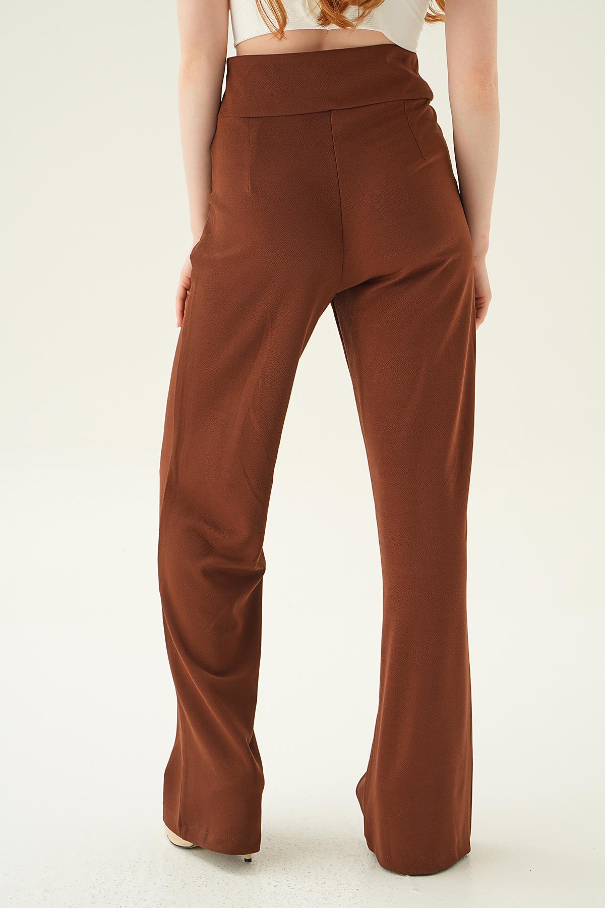 Kahve Yüksek Bel Cepli Palazzo Pantolon 4056A - 5