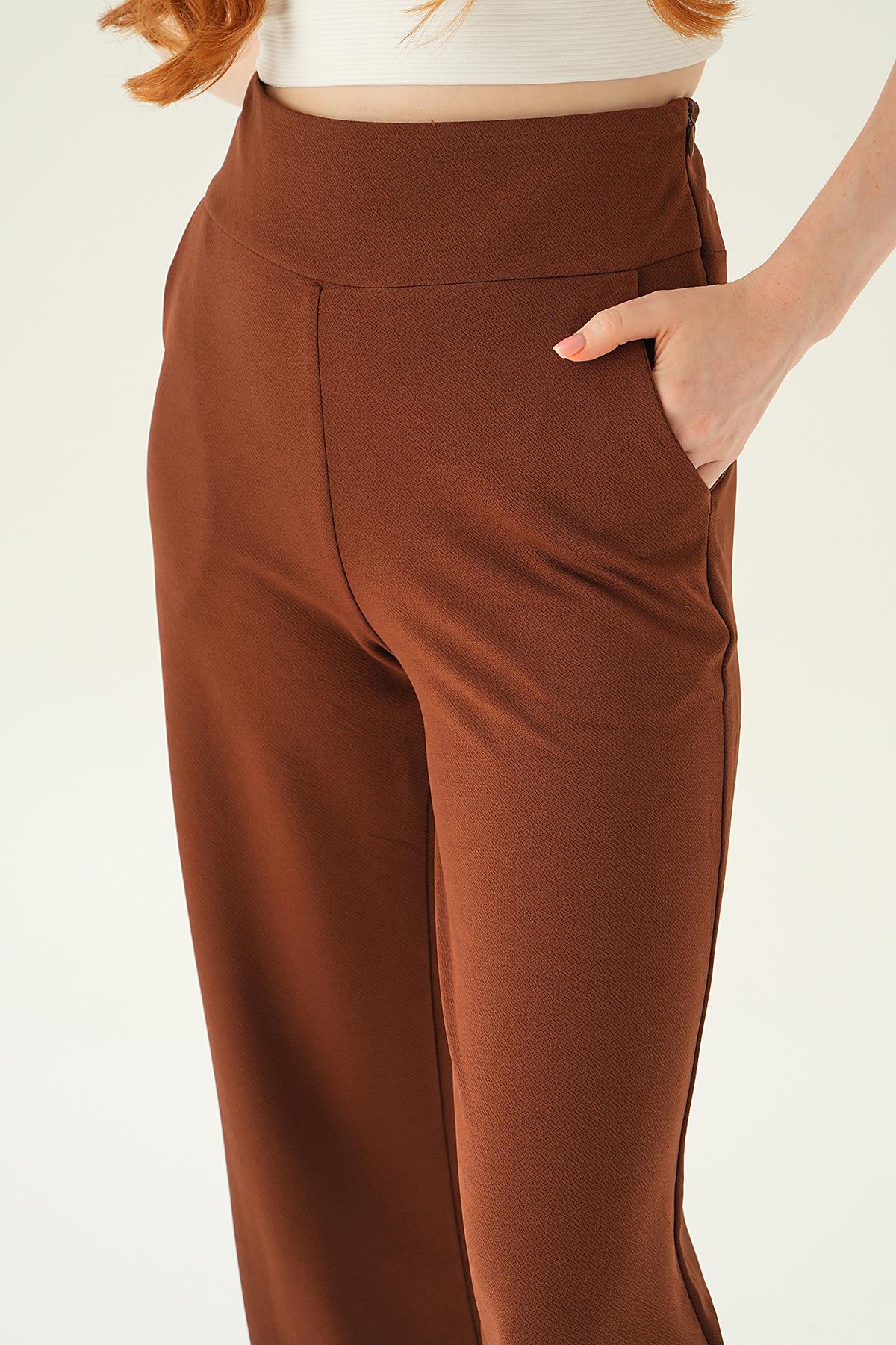 Kahve Yüksek Bel Cepli Palazzo Pantolon 4056A - 6
