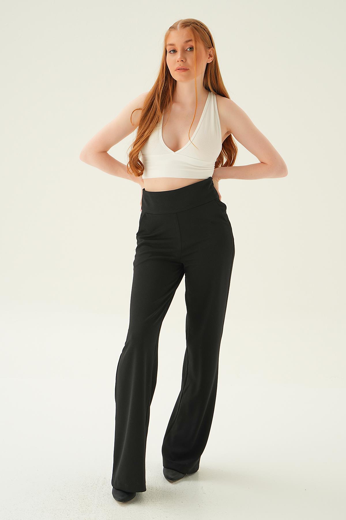 Siyah Yüksek Bel Cepli Palazzo Pantolon 4056A - 1