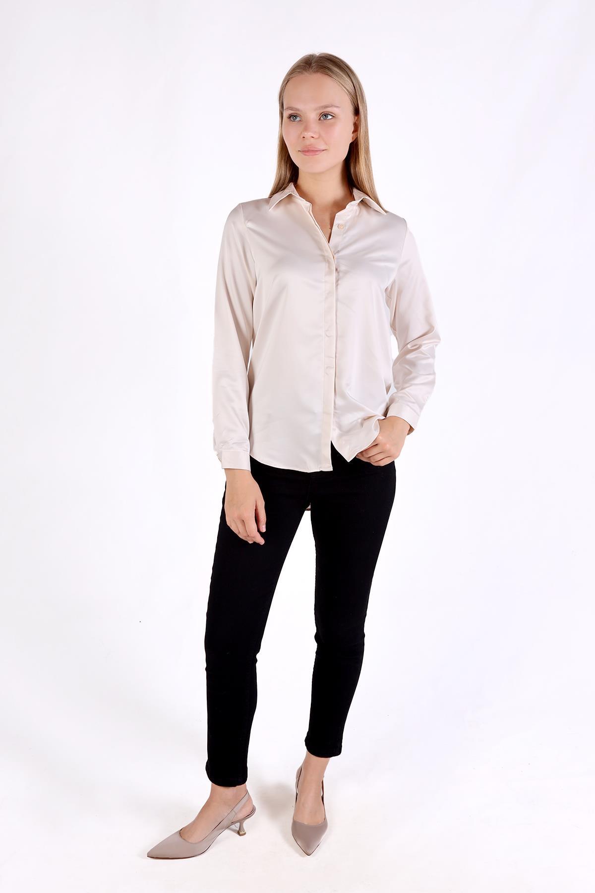 4057A Gizli Düğme Detay Gömlek Bej 