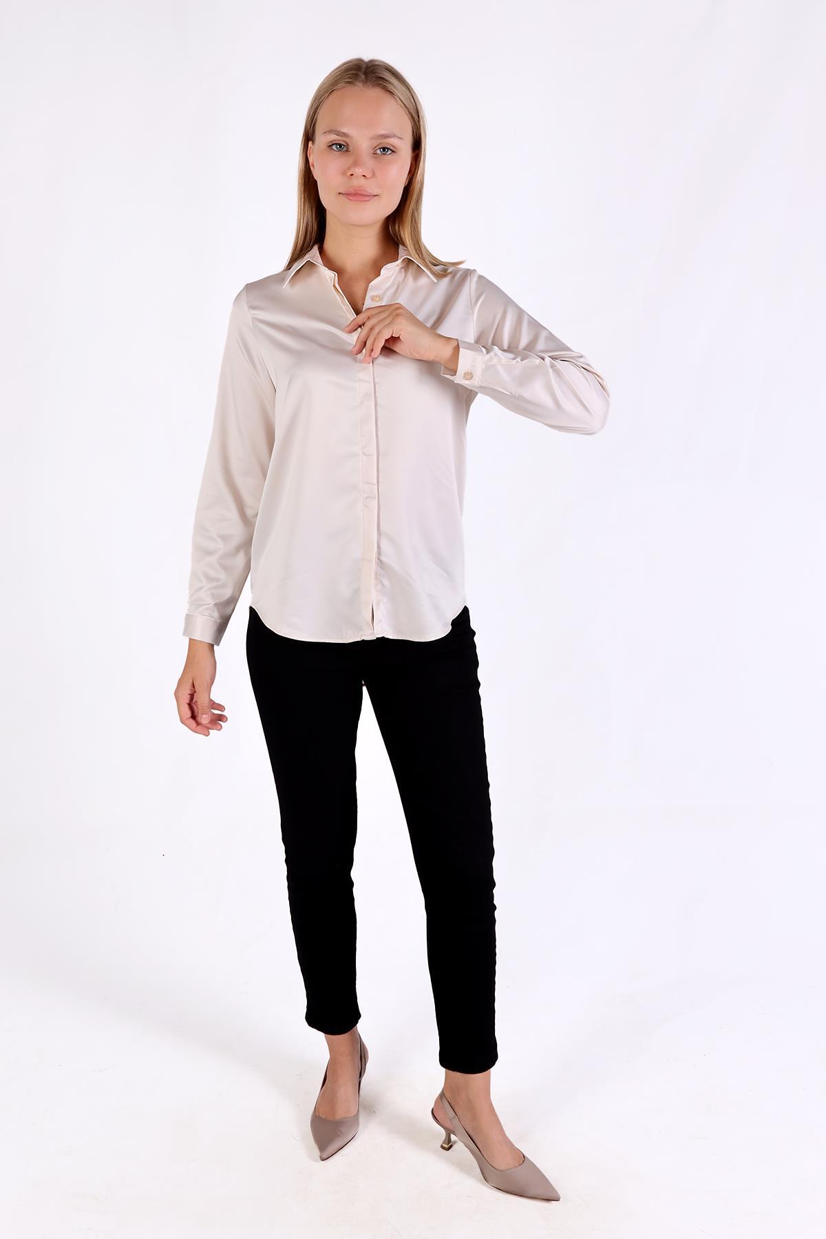 4057A Gizli Düğme Detay Gömlek Bej - 4