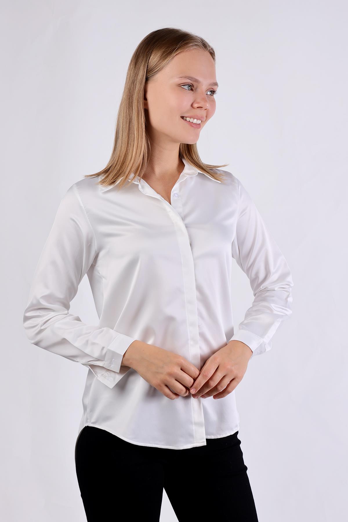 Beyaz Gizli Düğme Detay Gömlek 4057A - 1
