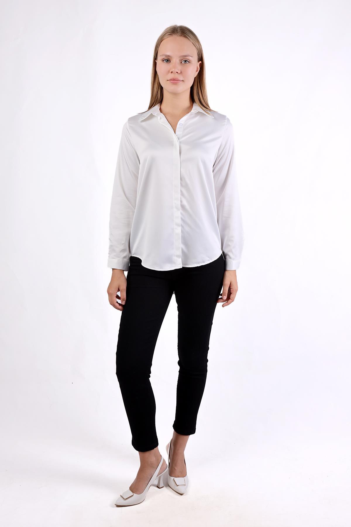 Beyaz Gizli Düğme Detay Gömlek 4057A - 2
