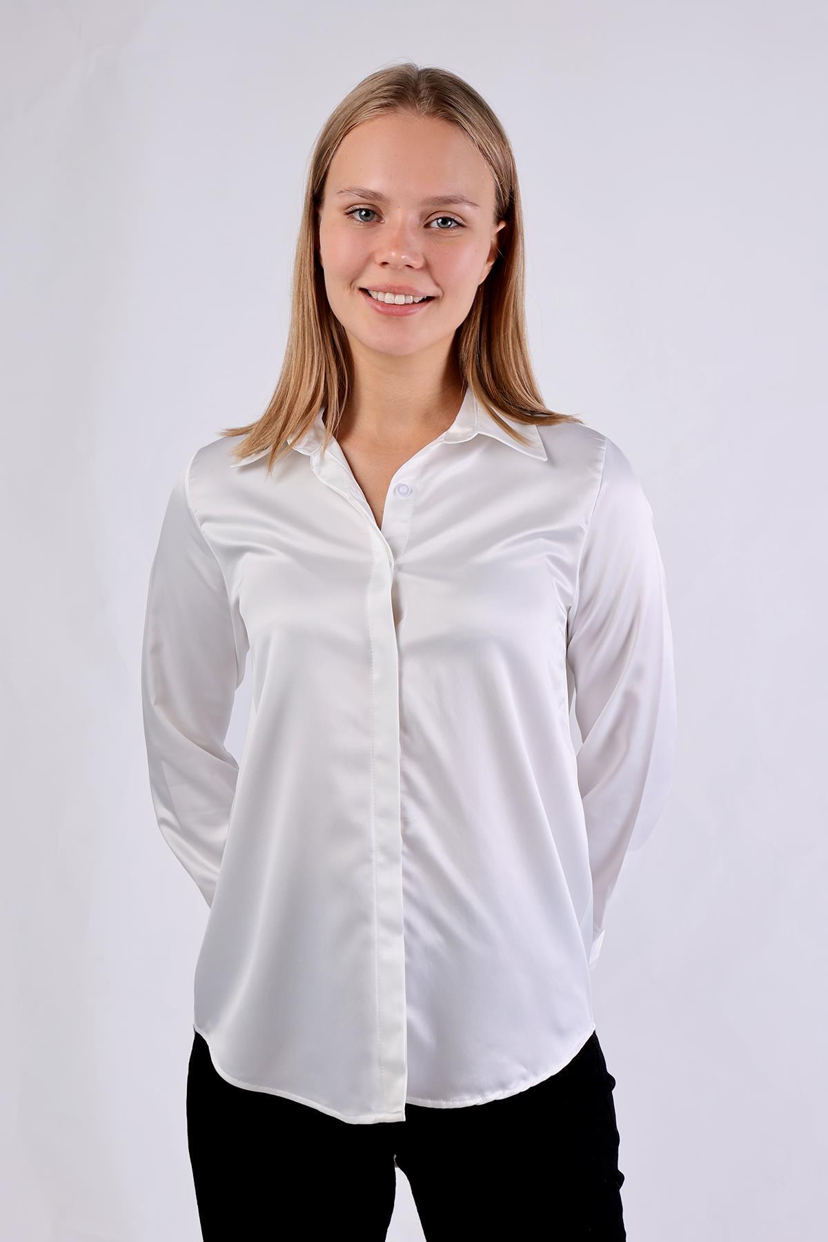 Beyaz Gizli Düğme Detay Gömlek 4057A - 8