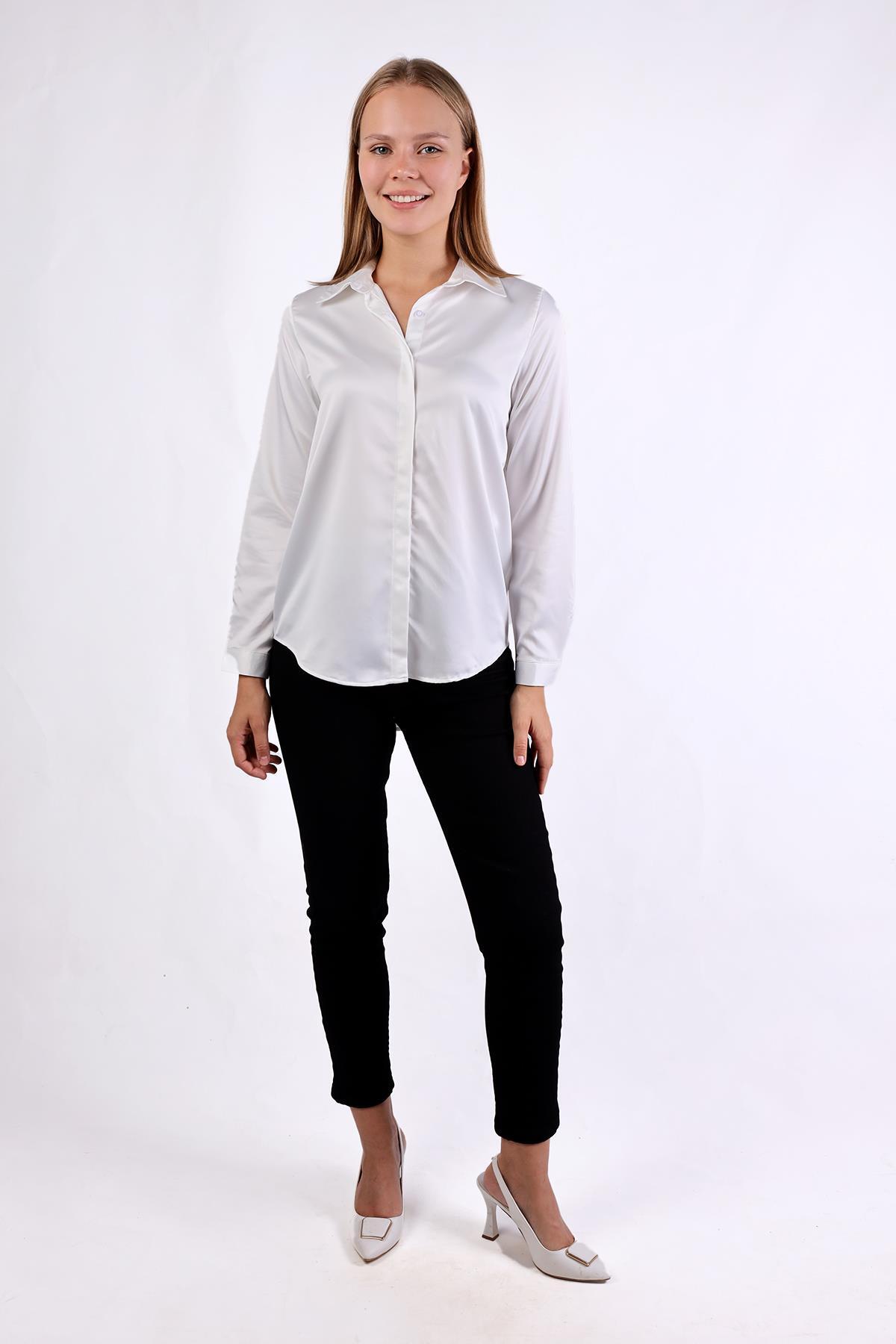 Beyaz Gizli Düğme Detay Gömlek 4057A - 10