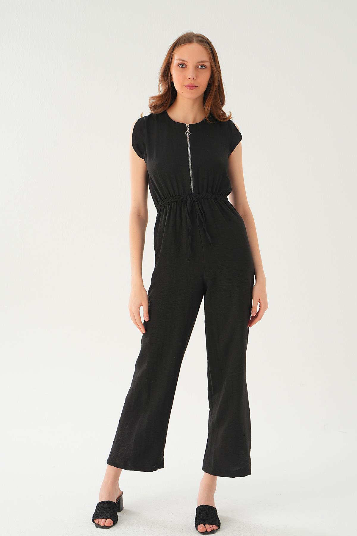 4058 Fermuar Detay Kemerli Tulum Siyah 