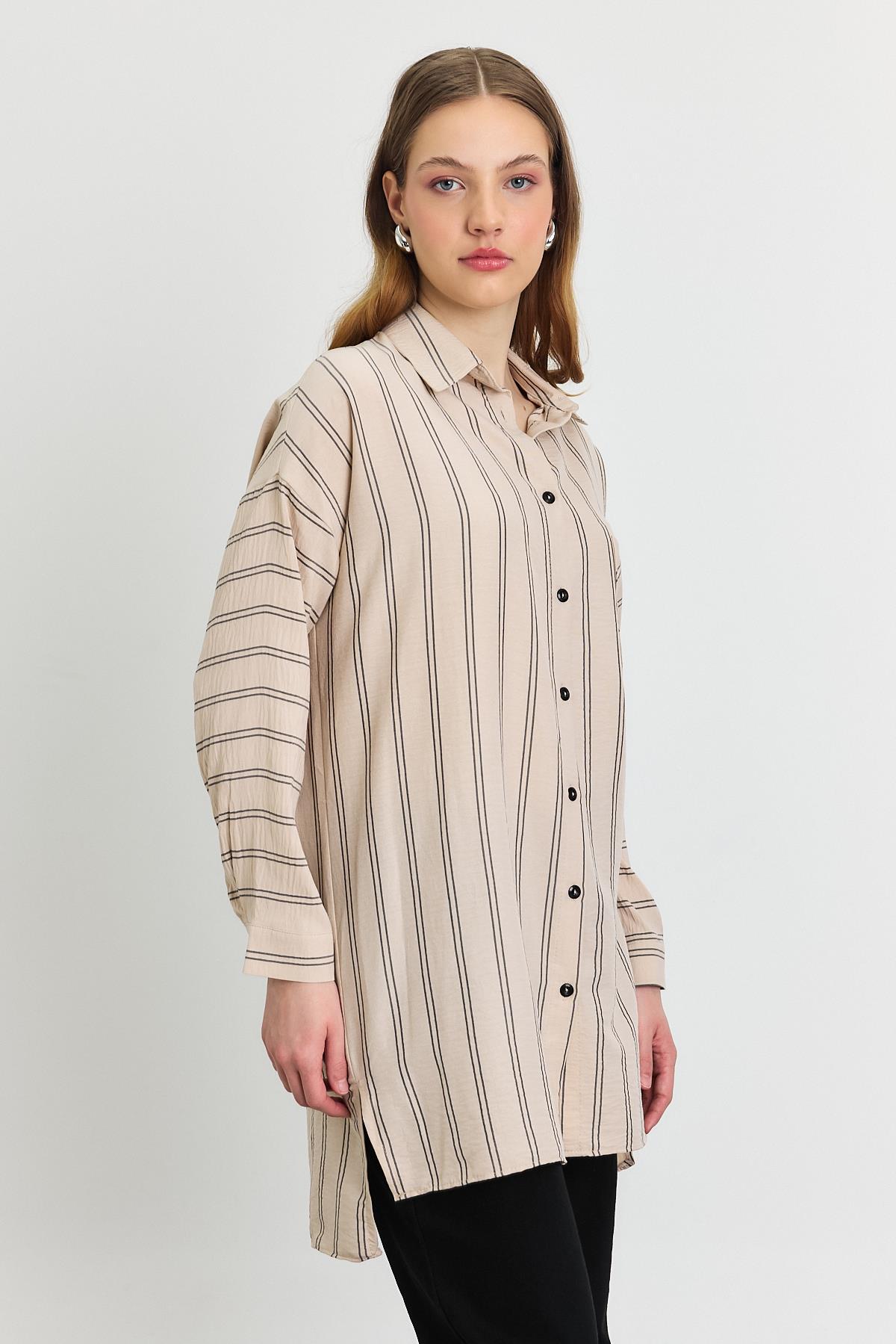 4068A Çizgili Tek Cepli Tunik Bej - RAYS