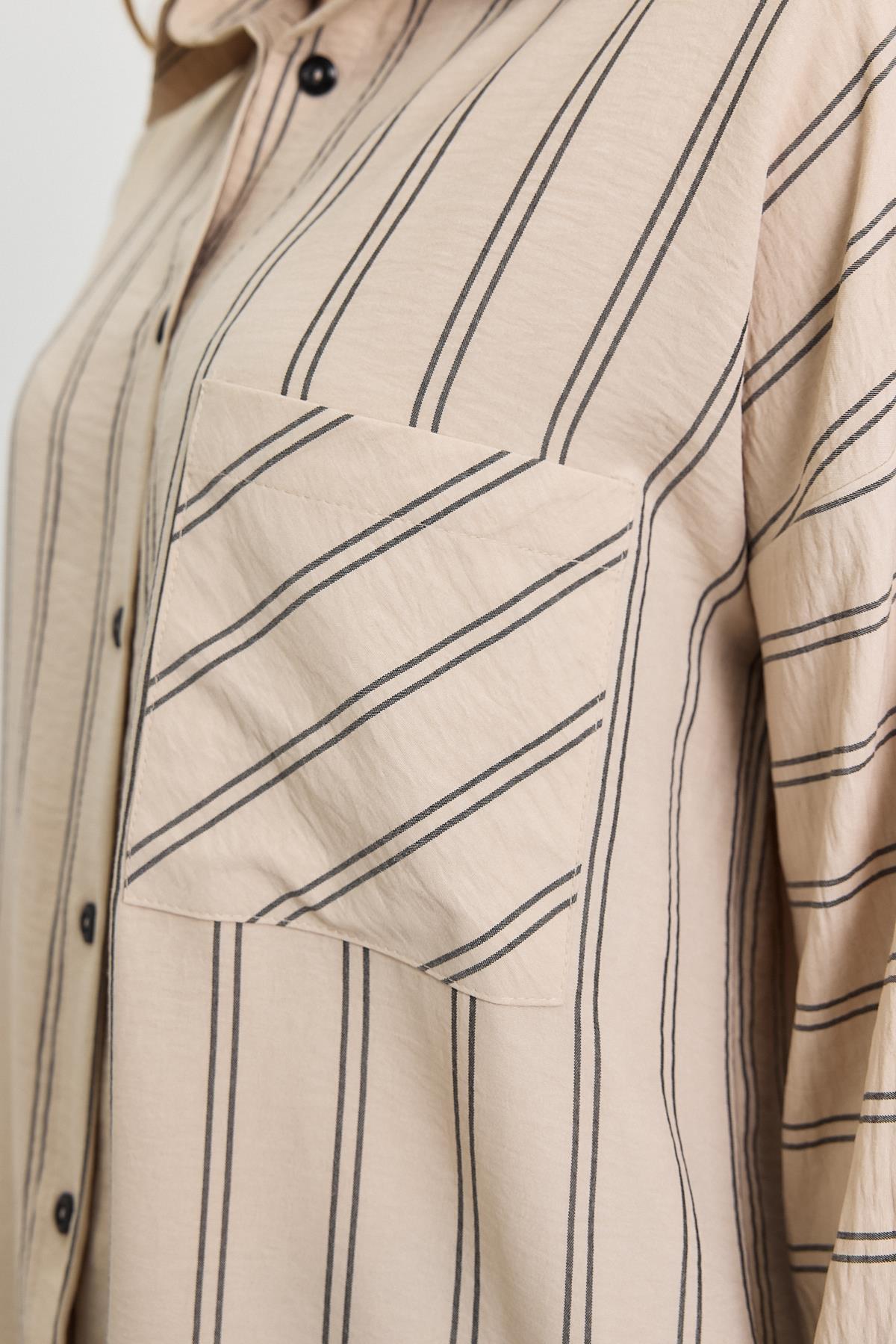 4068A Çizgili Tek Cepli Tunik Bej - RAYS