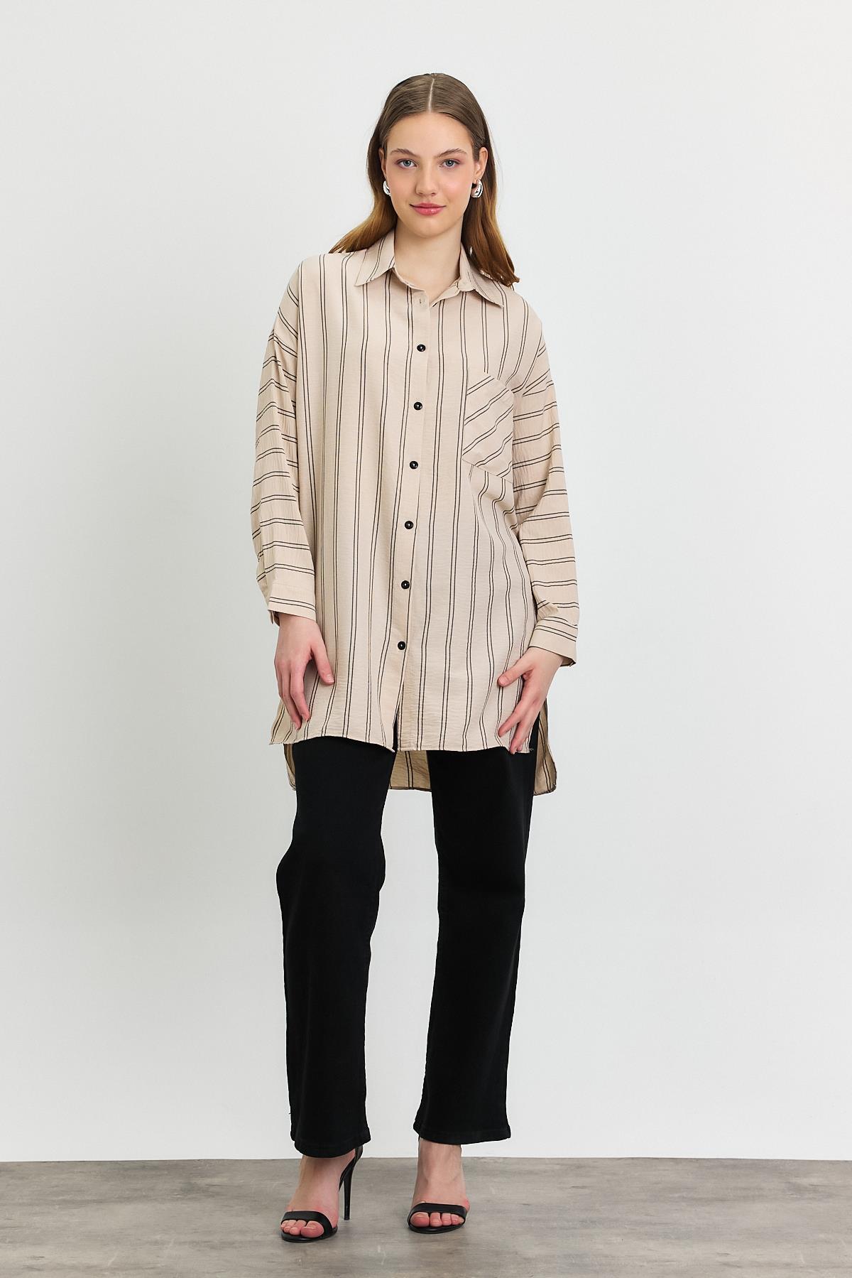 4068A Çizgili Tek Cepli Tunik Bej 