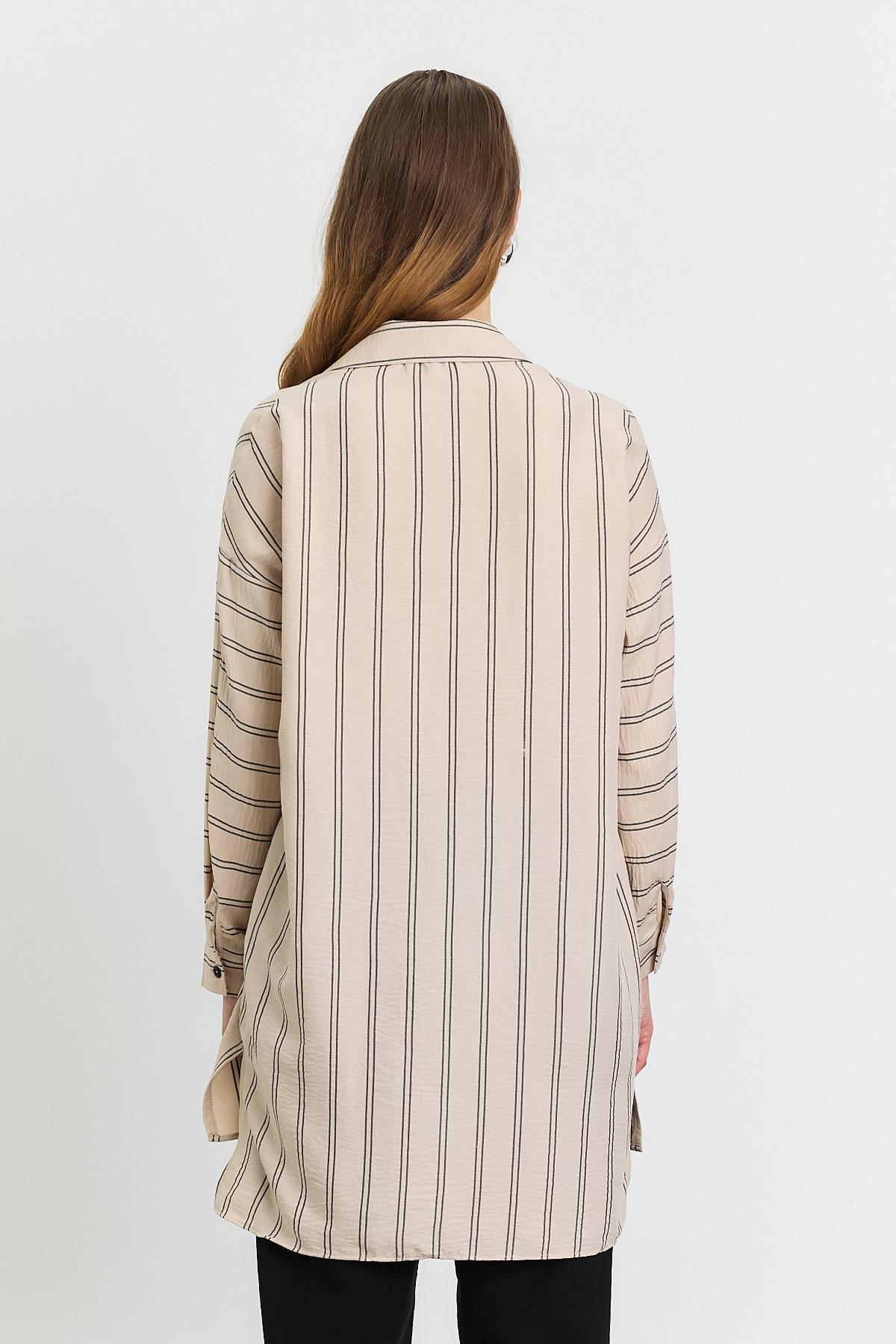 4068A Çizgili Tek Cepli Tunik Bej - 5