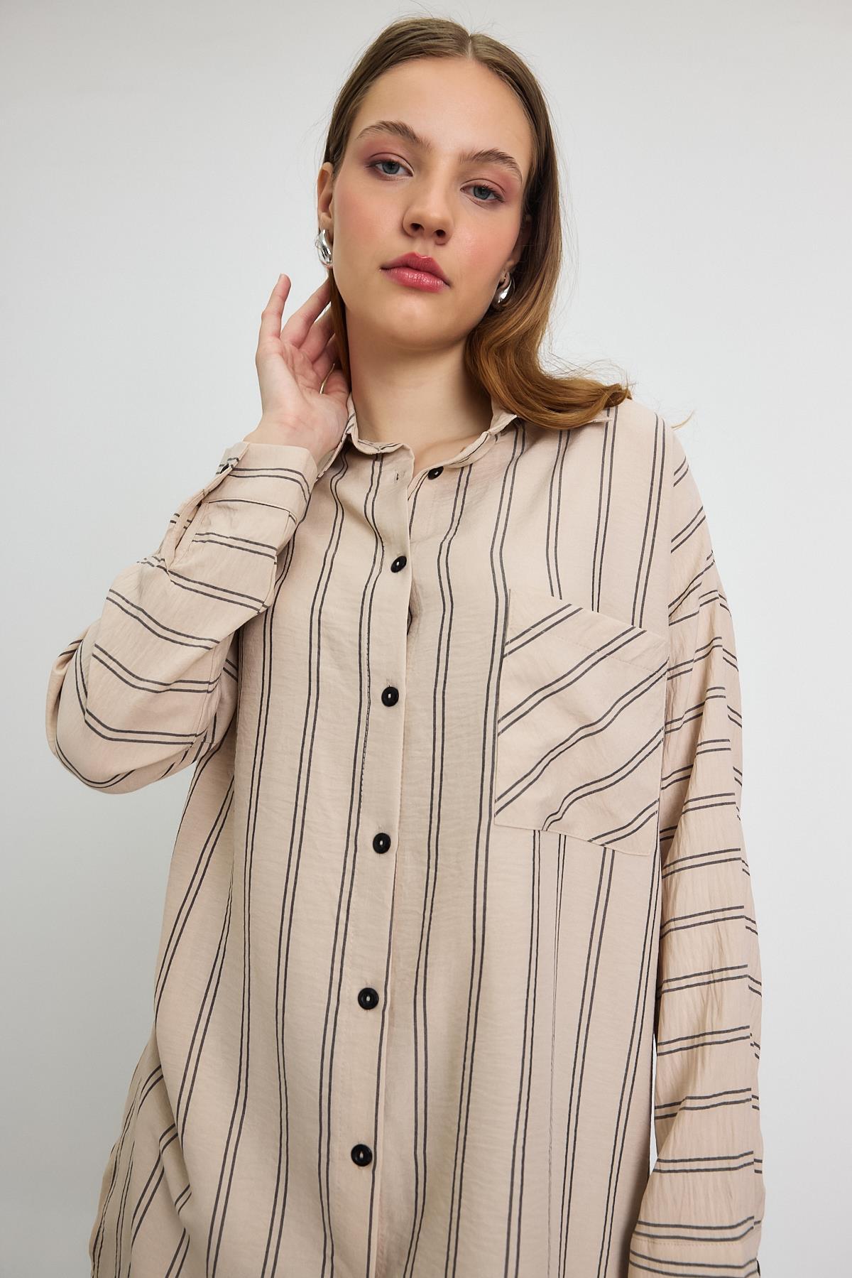4068A Çizgili Tek Cepli Tunik Bej - 6