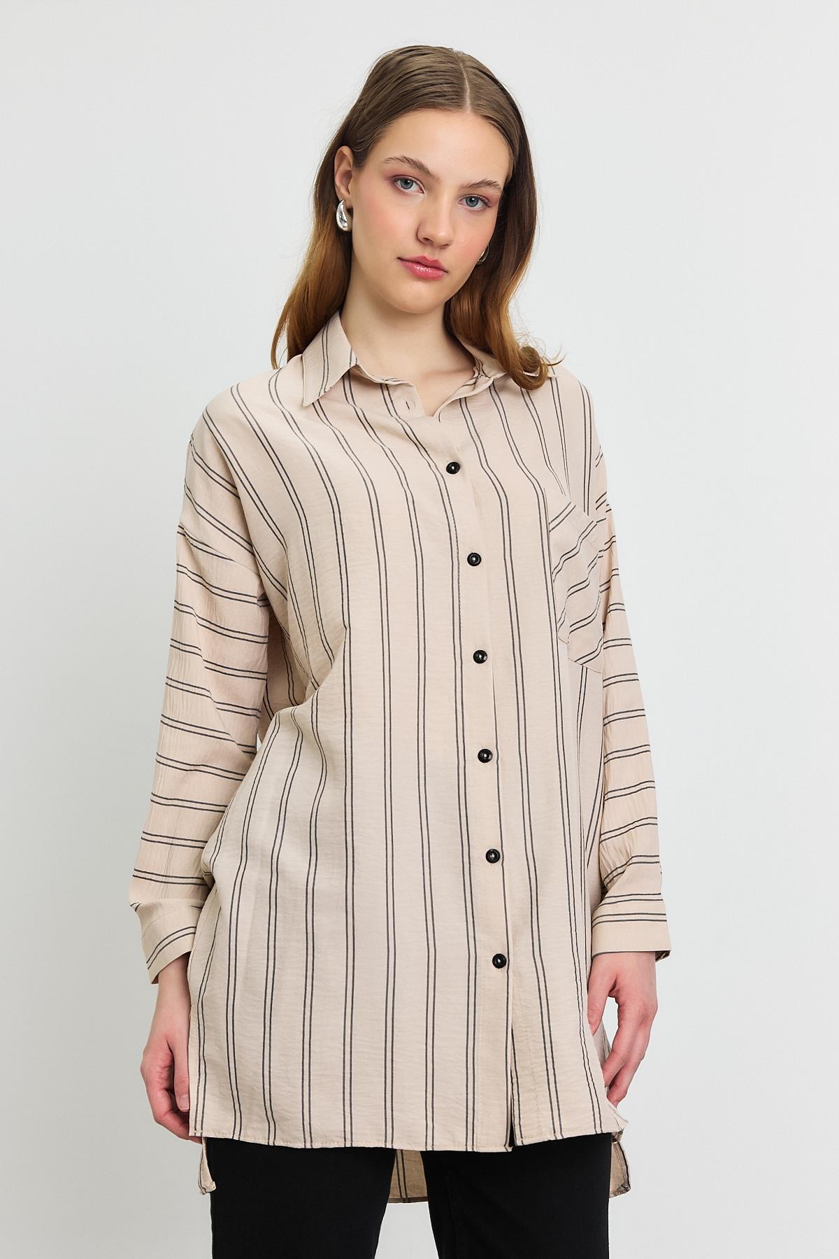 Bej Çizgili Tek Cepli Tunik 4068A - 2