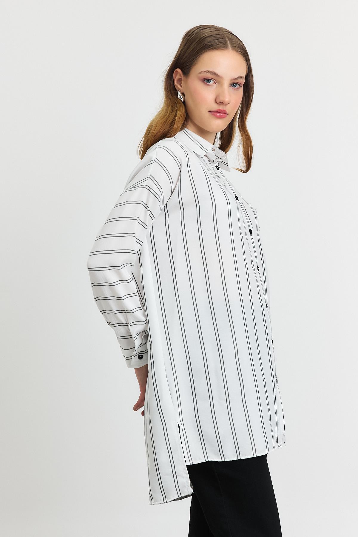 4068A Çizgili Tek Cepli Tunik Ekru - 3