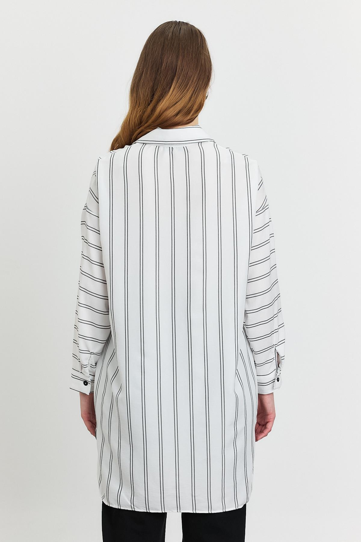 4068A Çizgili Tek Cepli Tunik Ekru - 5