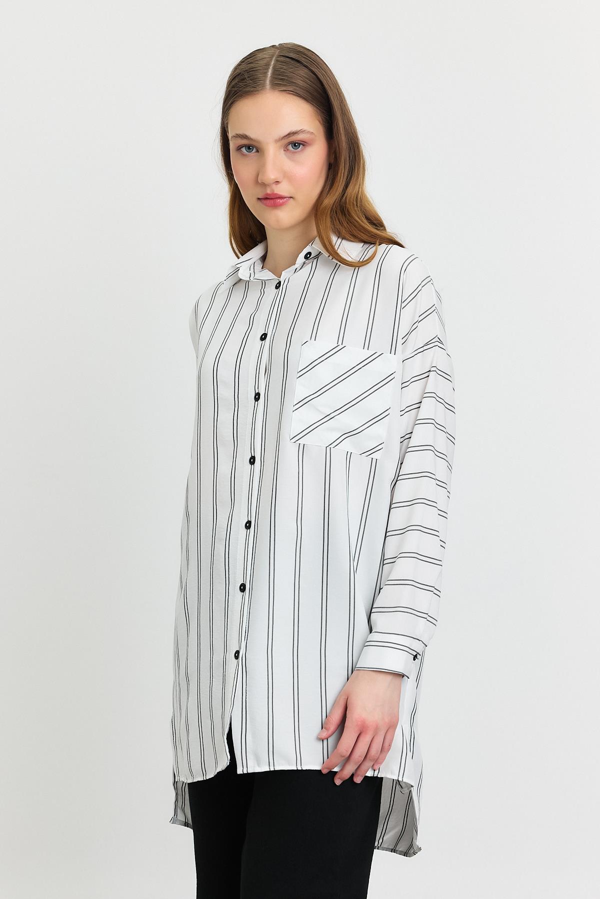 4068A Çizgili Tek Cepli Tunik Ekru 