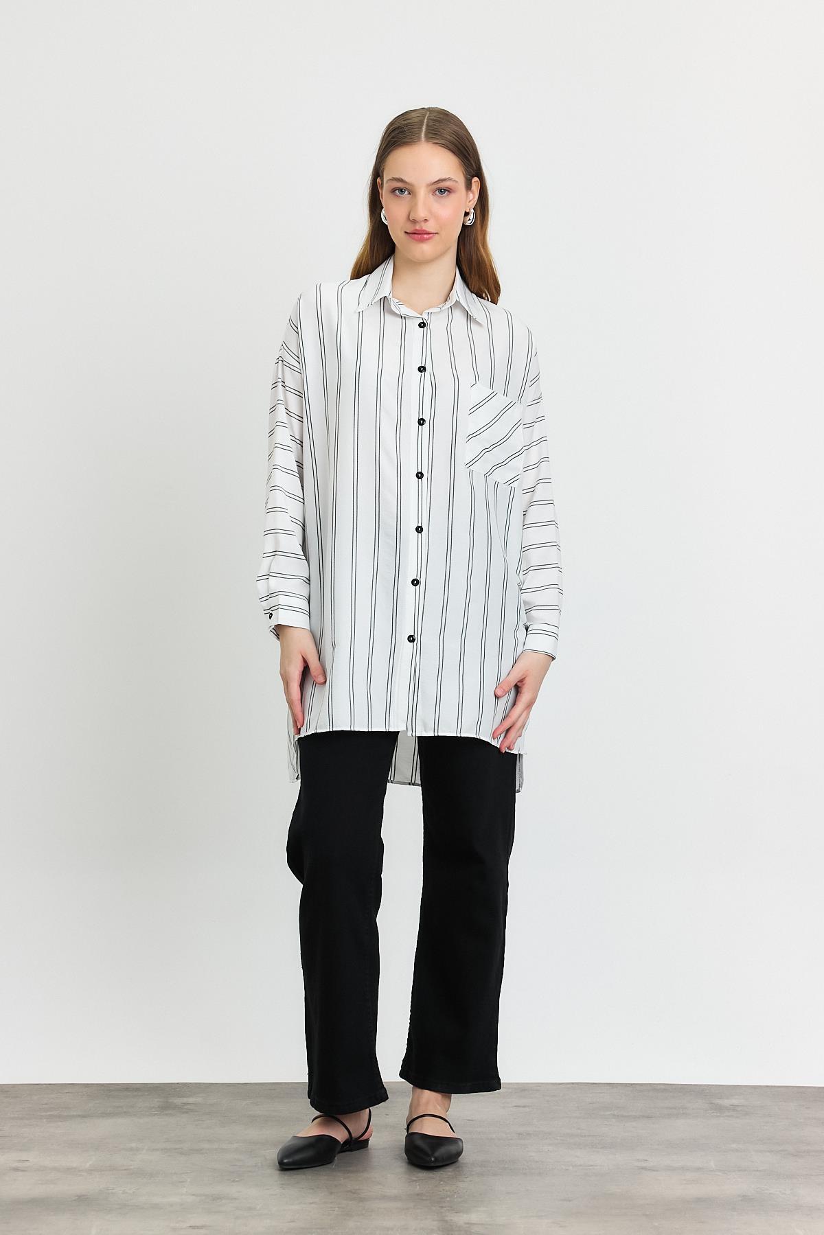 Ekru Çizgili Tek Cepli Tunik 4068A - 2