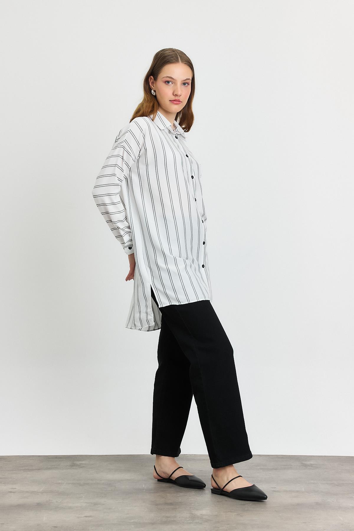 Ekru Çizgili Tek Cepli Tunik 4068A - 8