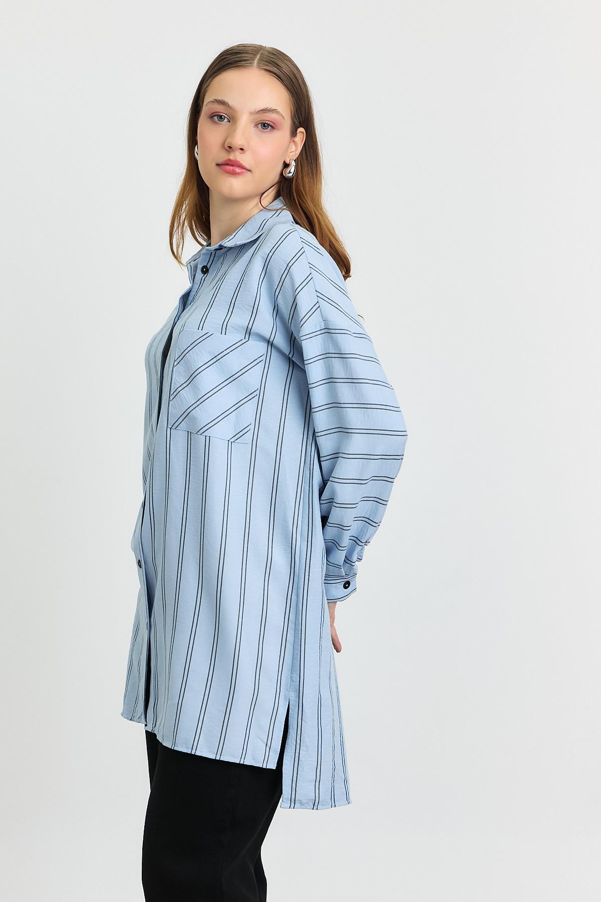 4068A Çizgili Tek Cepli Tunik Mavi - 3