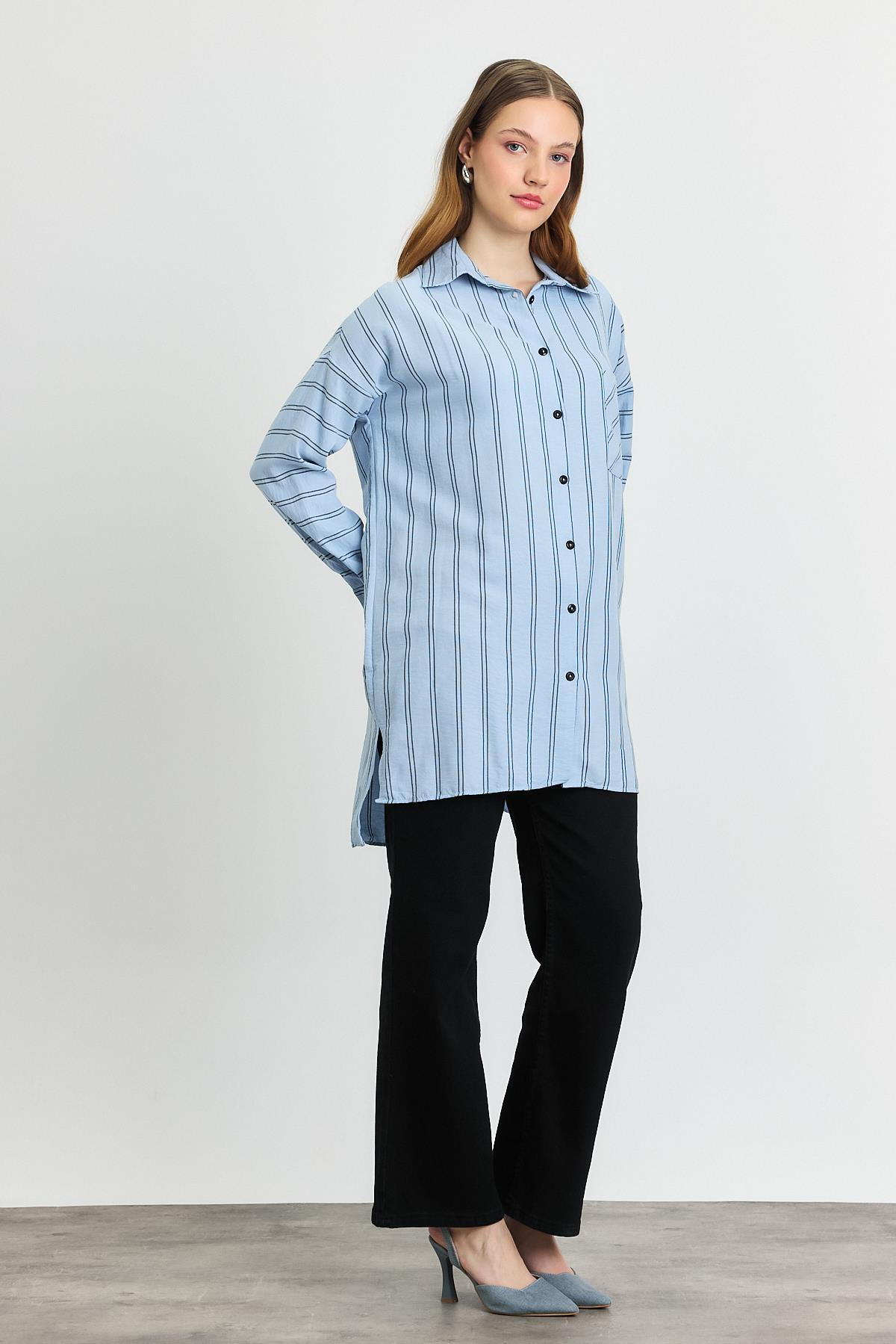 4068A Çizgili Tek Cepli Tunik Mavi - RAYS