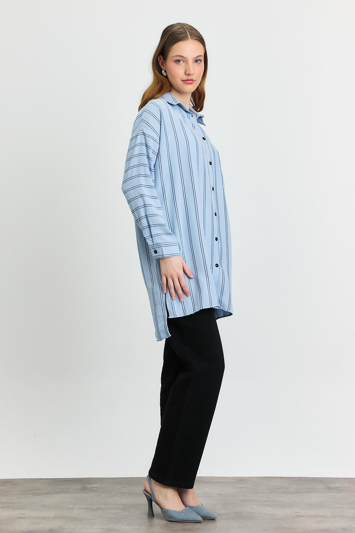 4068A Çizgili Tek Cepli Tunik Mavi - 8