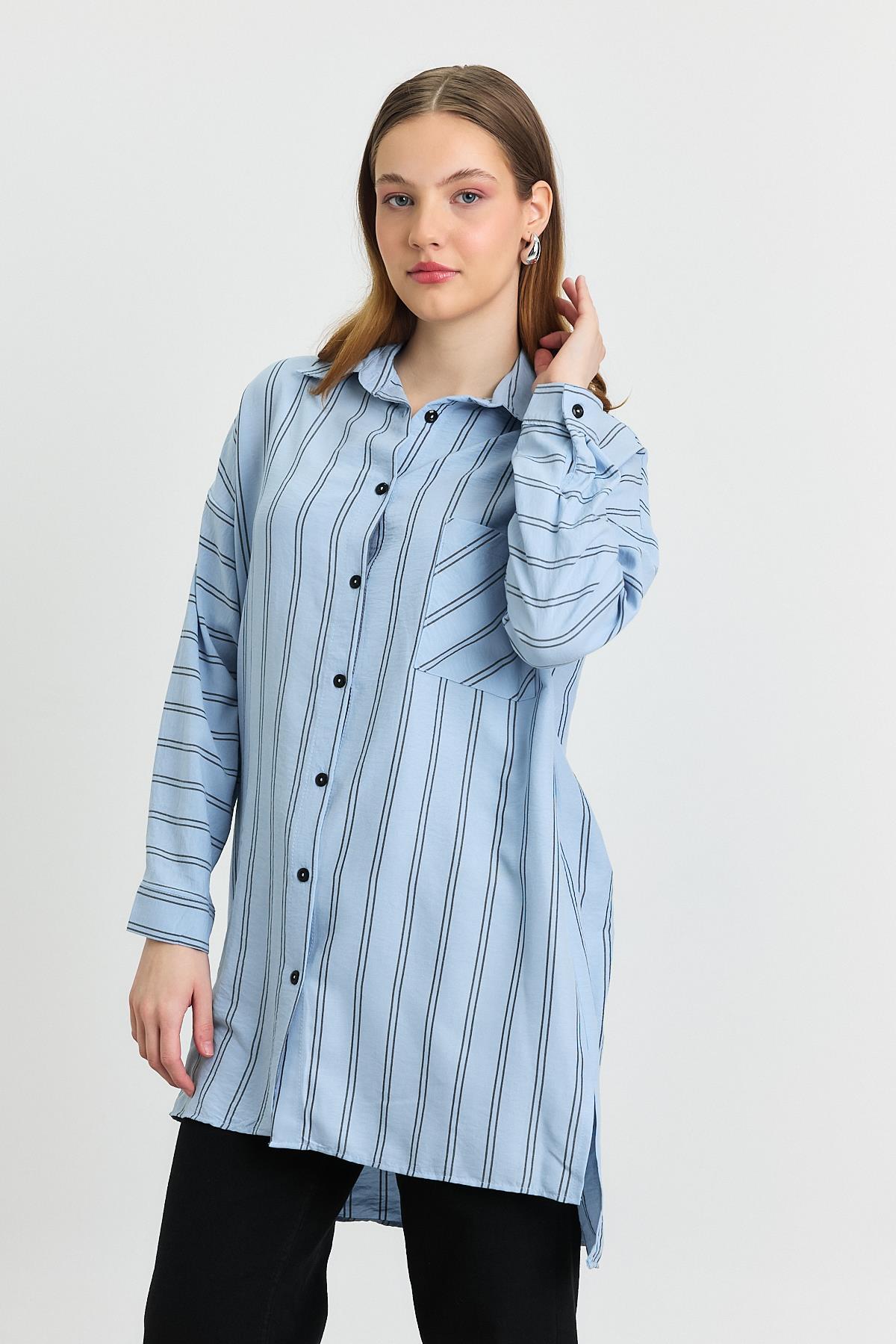 4068A Çizgili Tek Cepli Tunik Mavi - 1