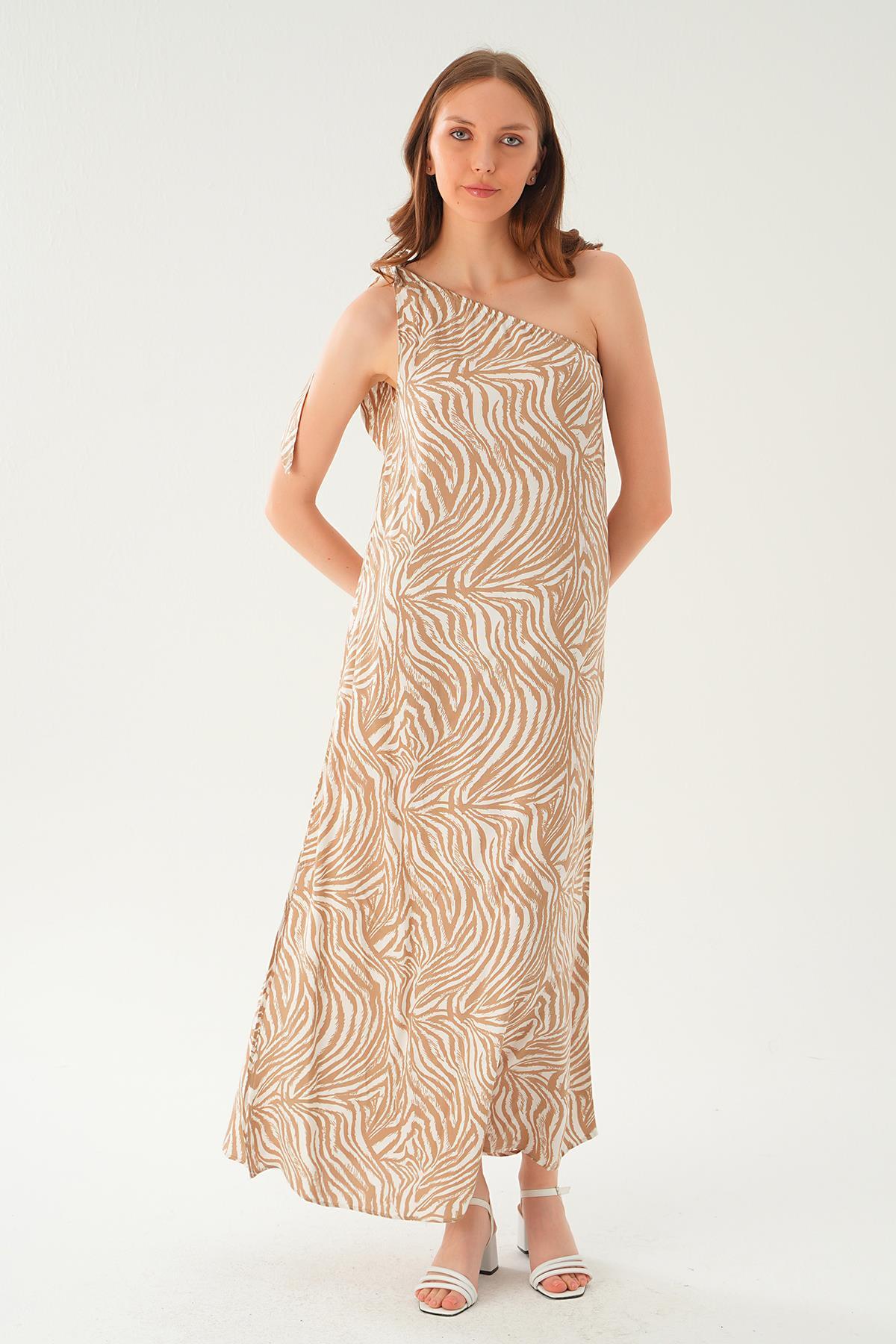 407 Tek omuz elbise Bej - 4