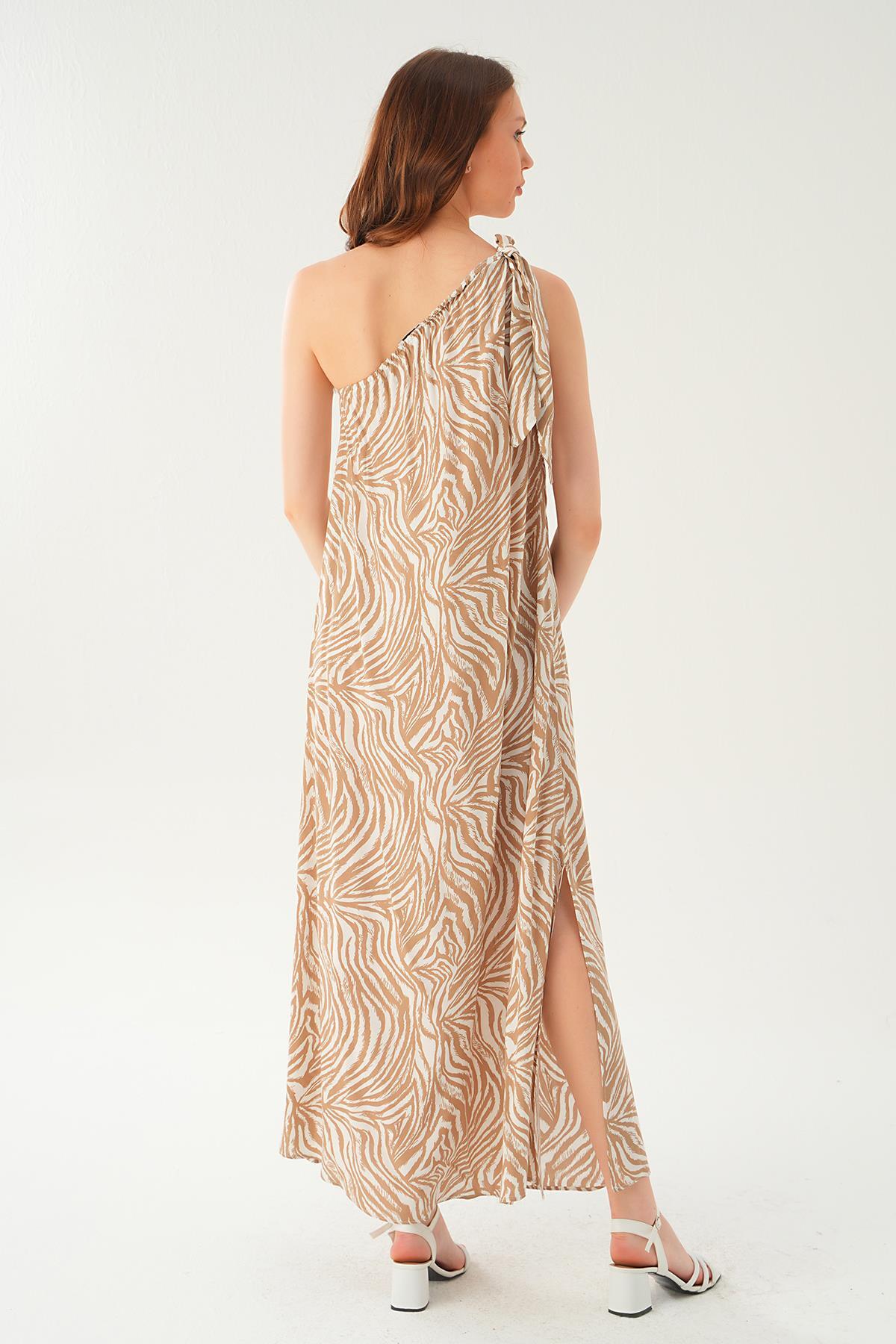 407 Tek omuz elbise Bej - 5