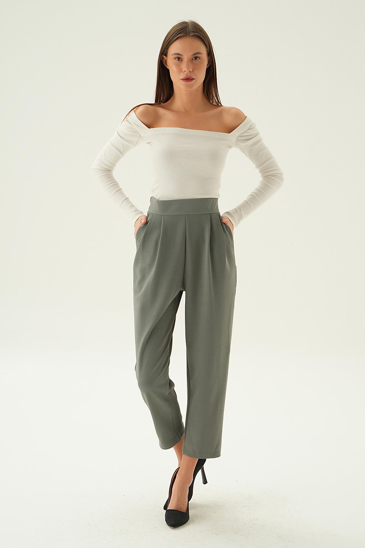 Gri Arka Bel Lastik Pileli Pantolon 4072A - 6