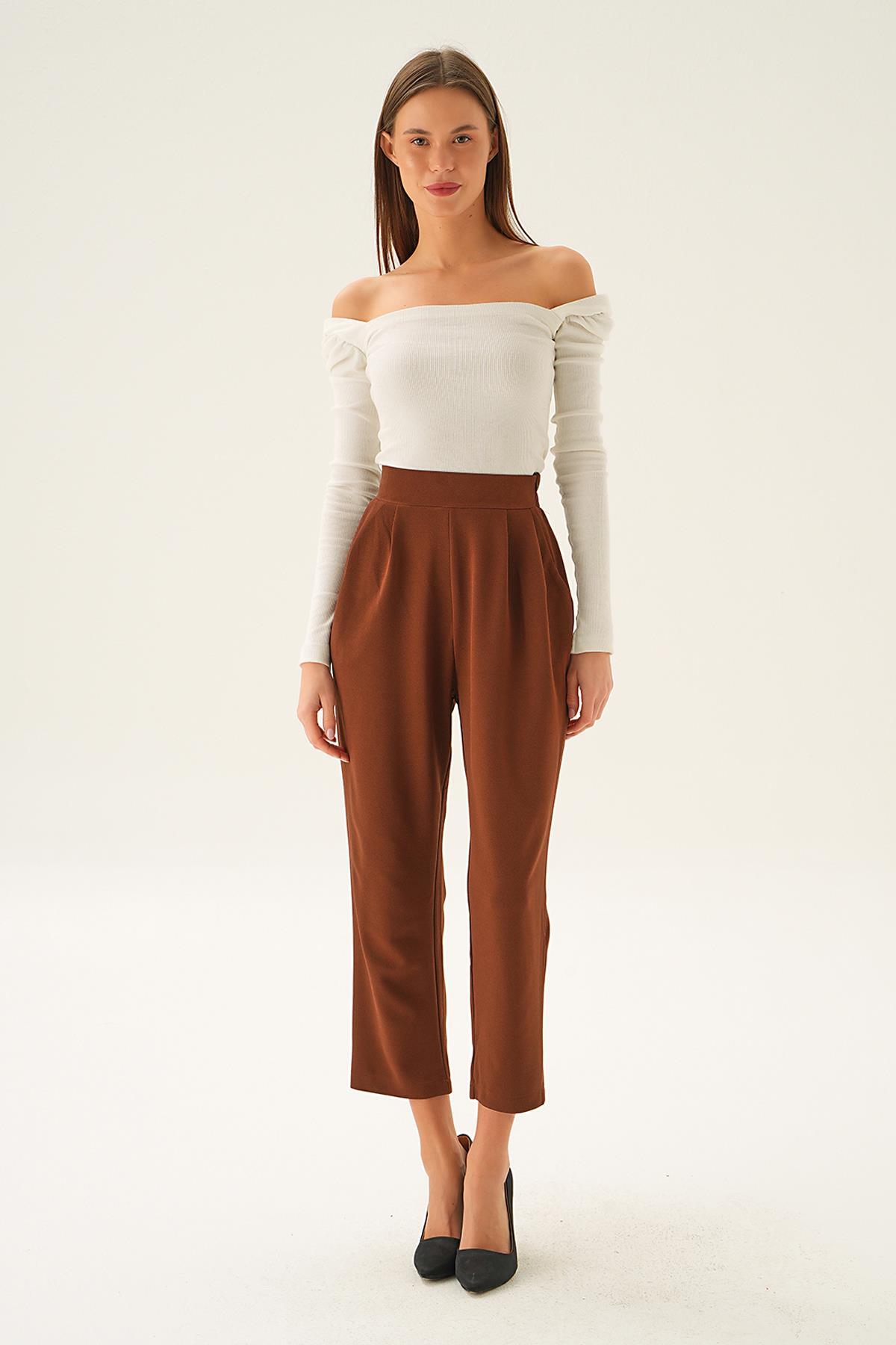 Kahve Arka Bel Lastik Pileli Pantolon 4072A - 6