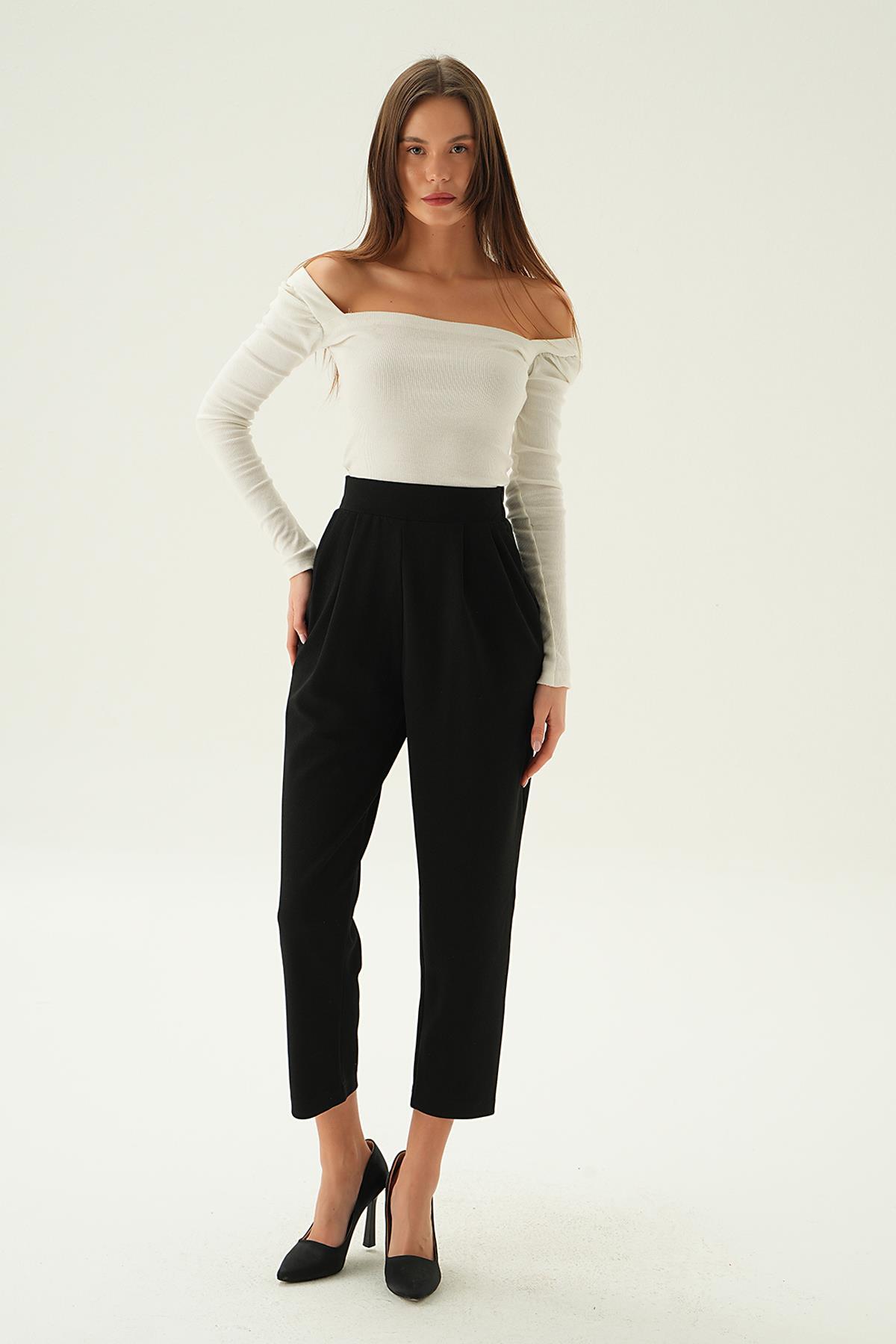 Siyah Arka Bel Lastik Pileli Pantolon 4072A 