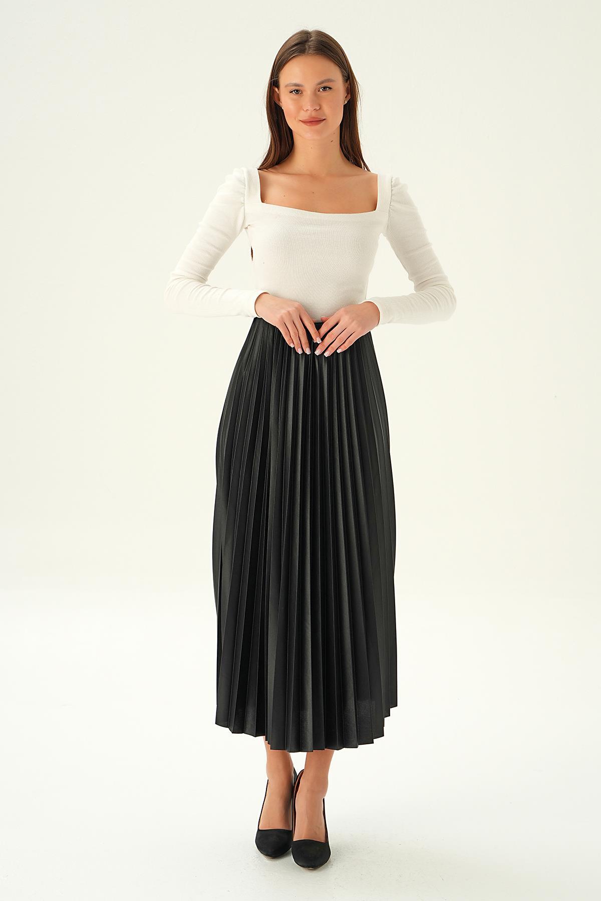 4080 Bel Lastik Pliseli Etek Siyah 
