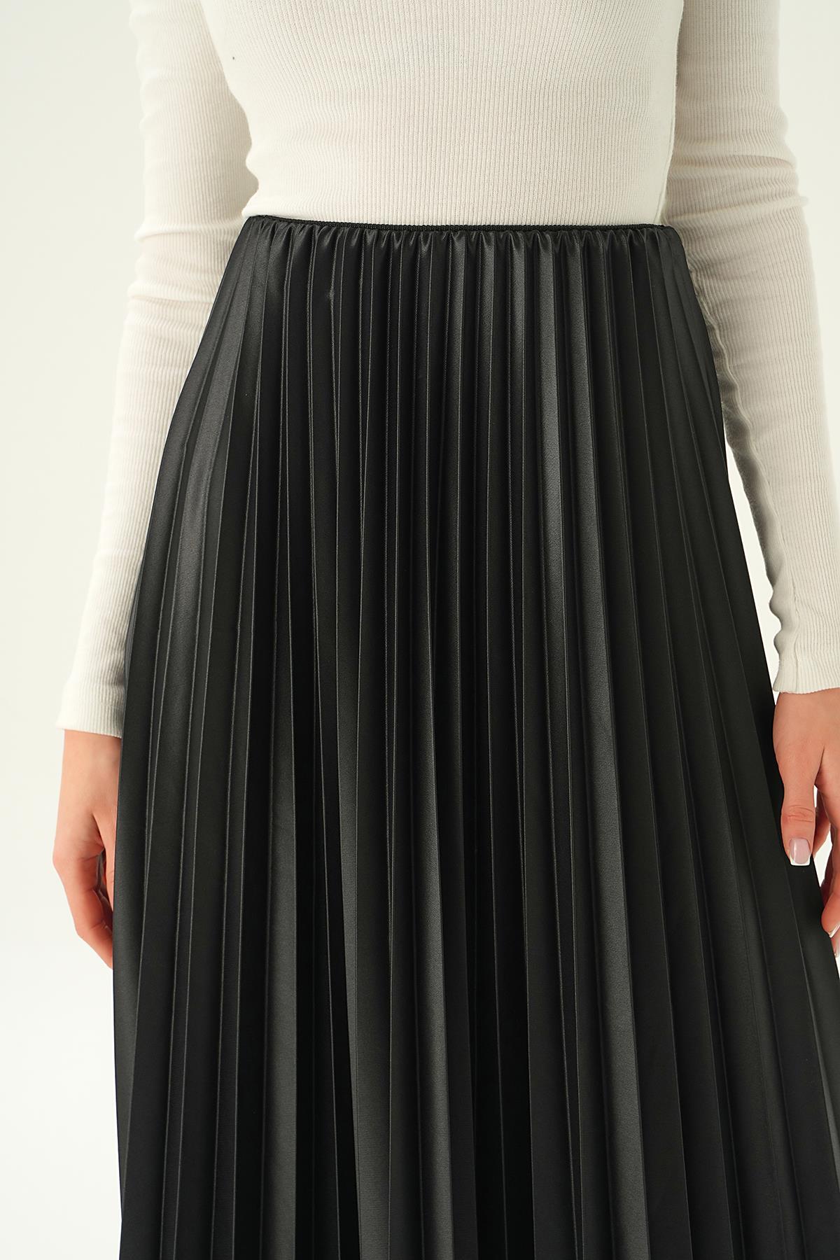 4080 Bel Lastik Pliseli Etek Siyah - 6