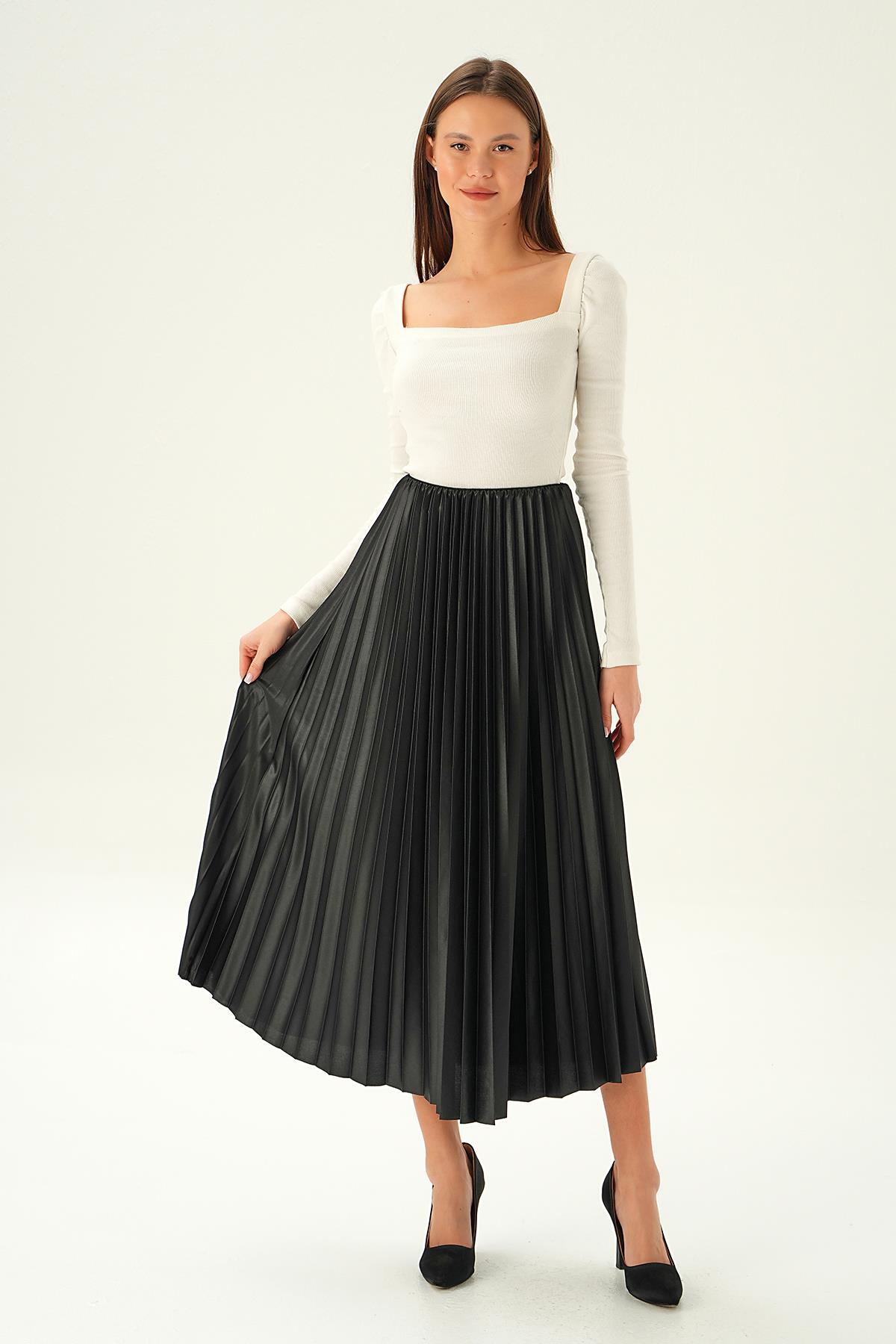 Siyah Bel Lastik Pliseli Etek 4080 - 2