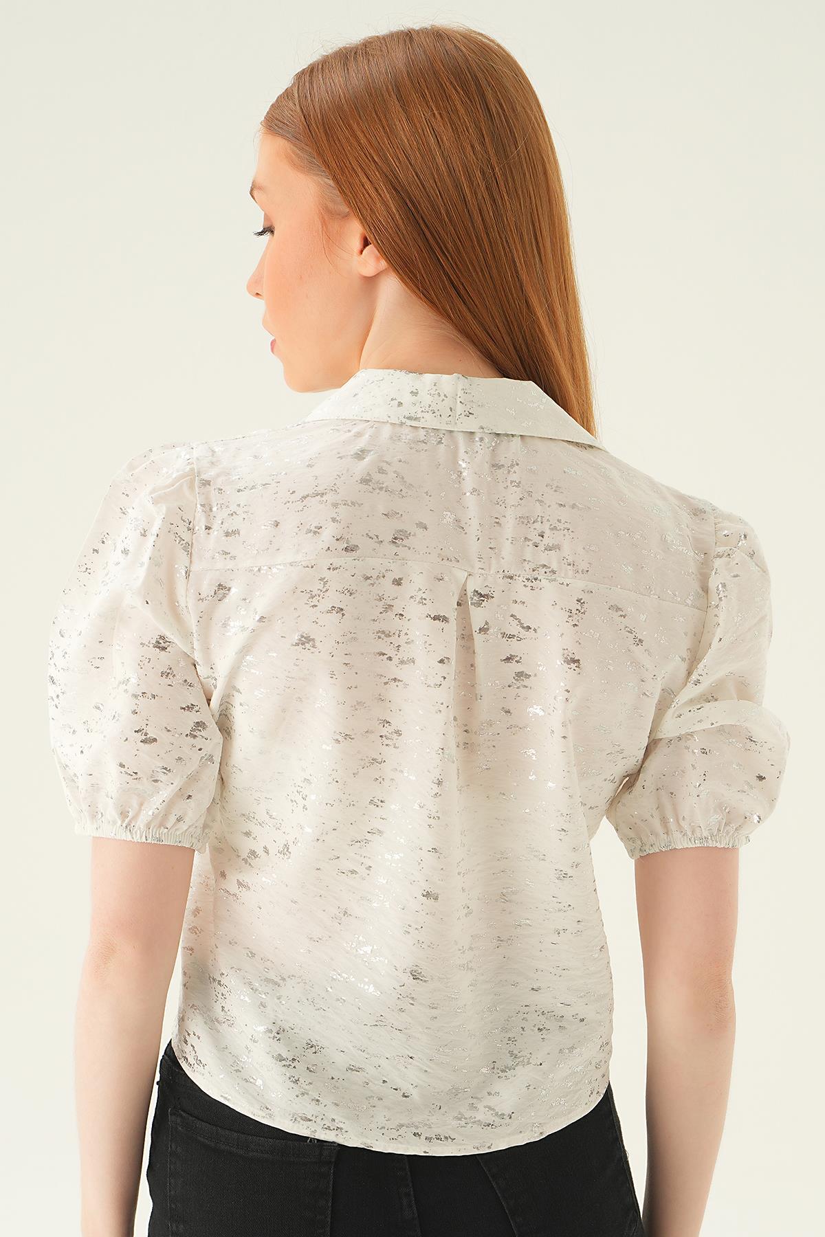 4082 Varak Detay Kısa Gömlek Beyaz - 4