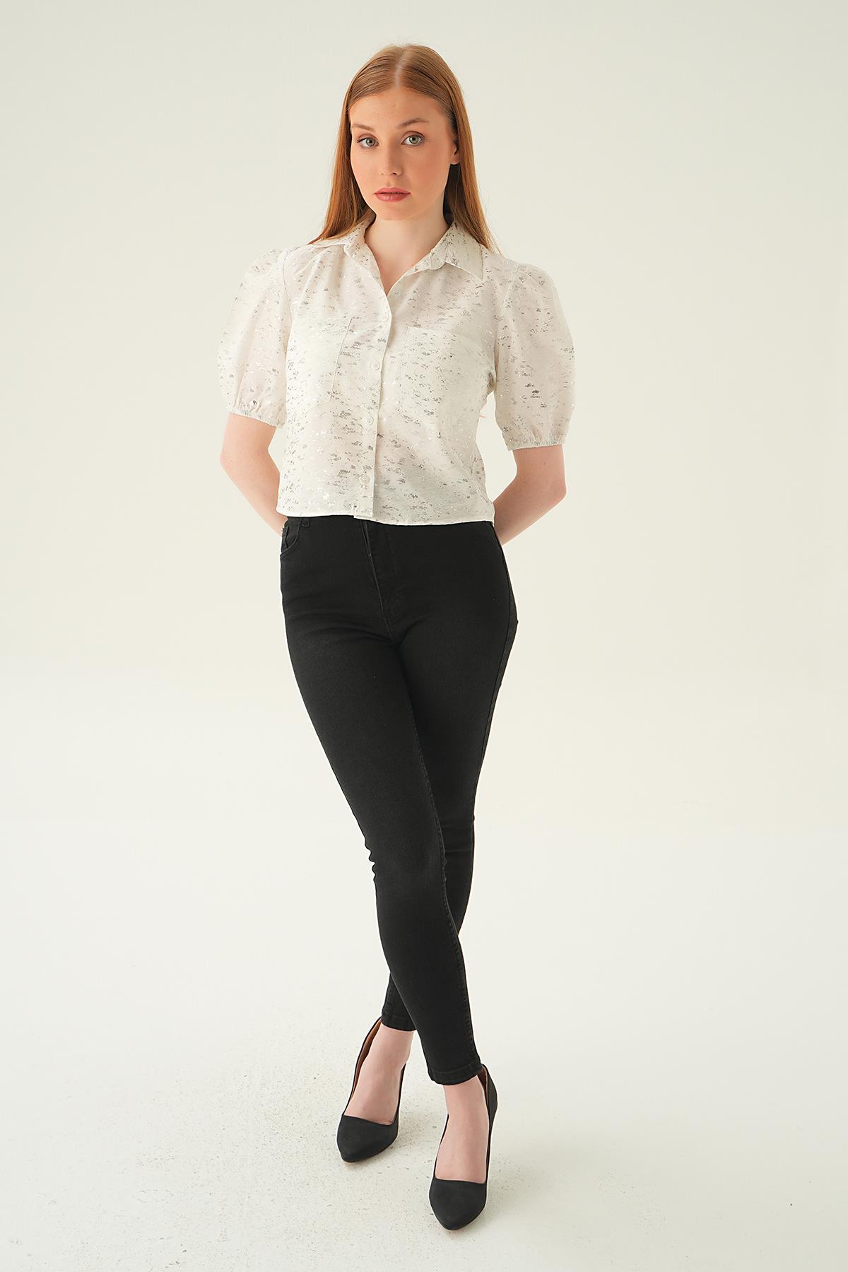 4082 Varak Detay Kısa Gömlek Beyaz - 6