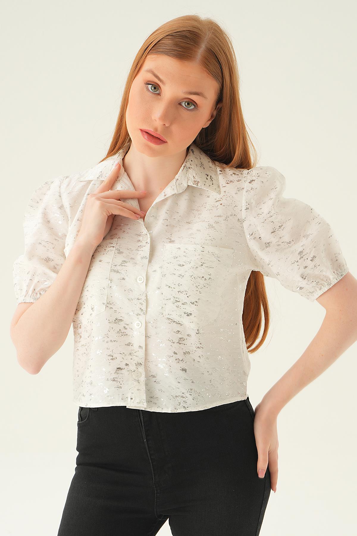 Beyaz Varak Detay Kısa Gömlek 4082 