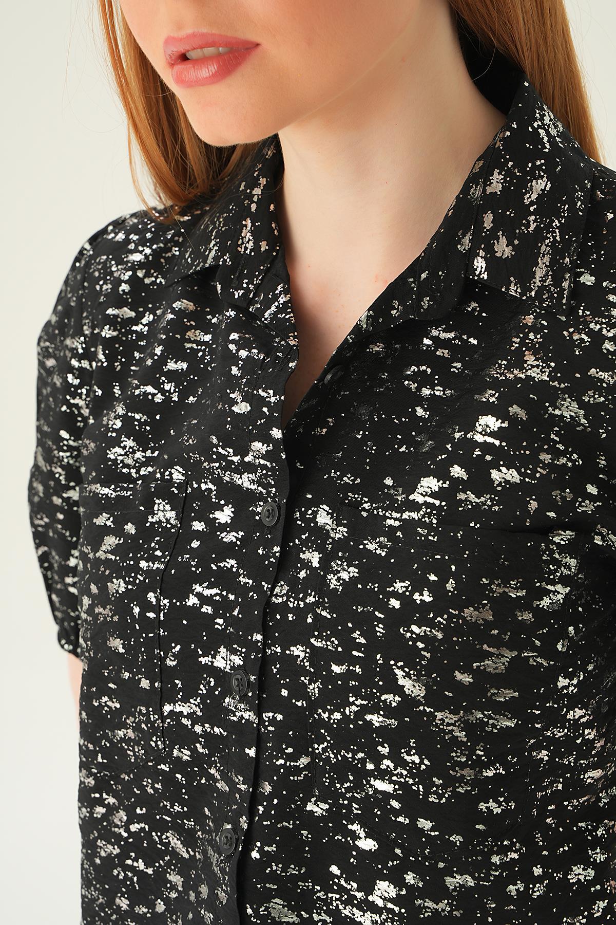 4082 Varak Detay Kısa Gömlek Siyah - 6