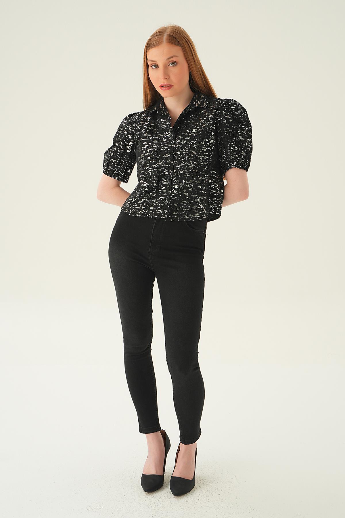 Siyah Varak Detay Kısa Gömlek 4082 - 2
