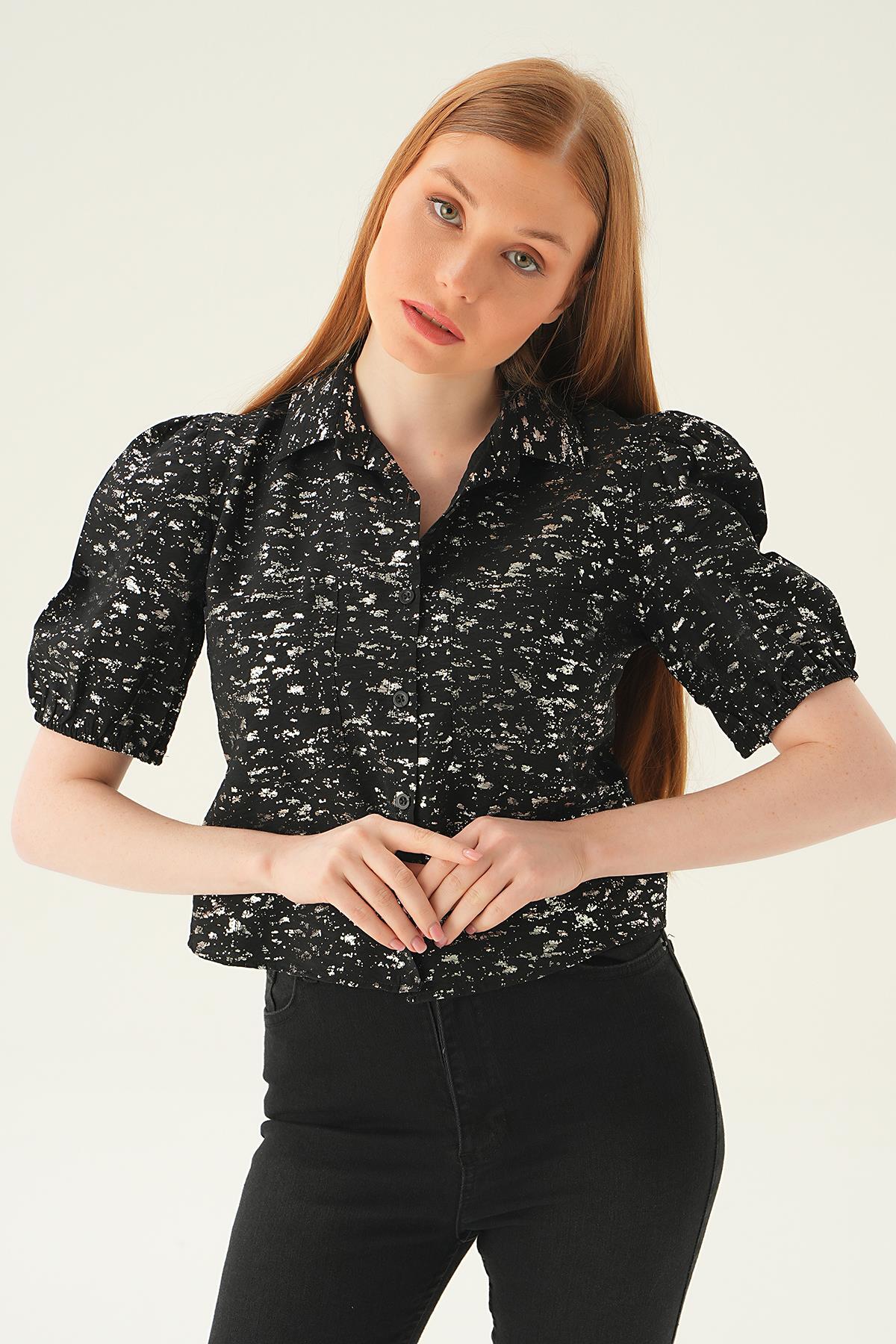 Siyah Varak Detay Kısa Gömlek 4082 - 4