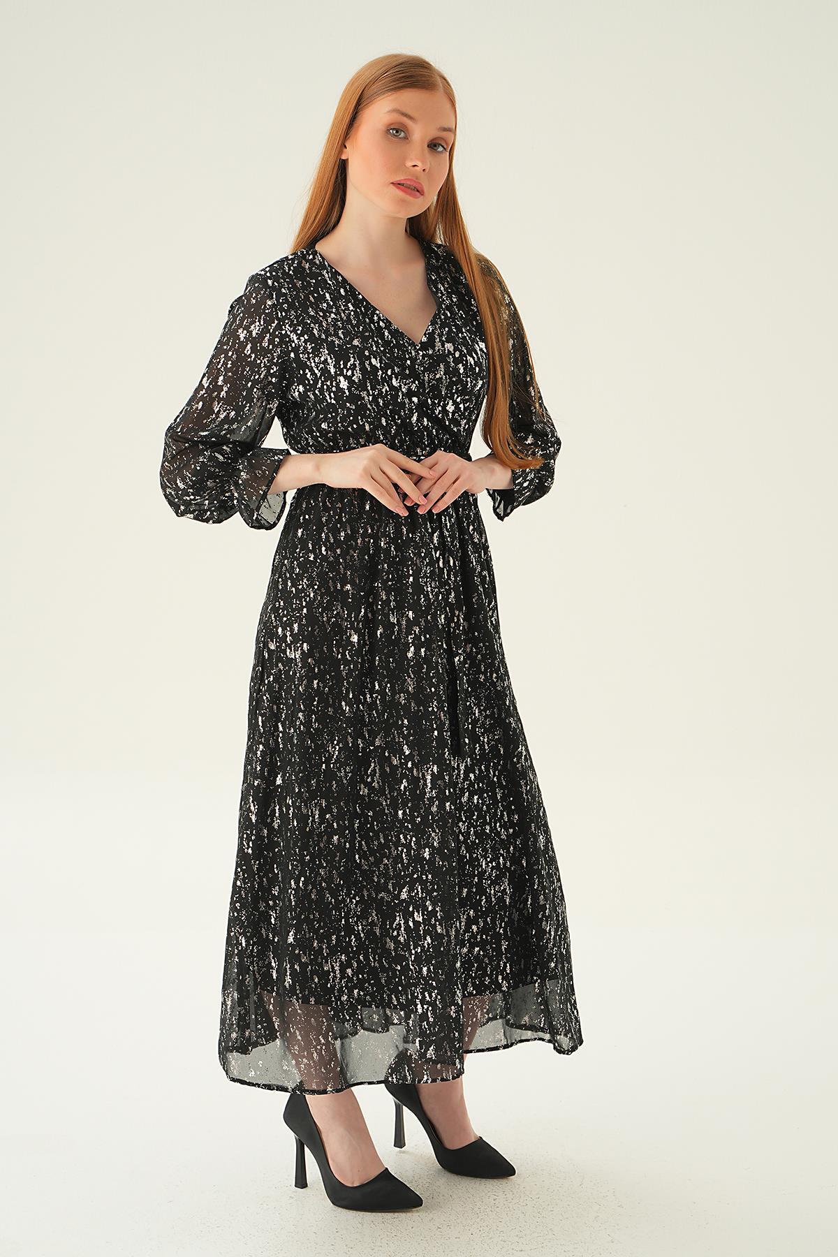 4083 Kruvaze Yaka Elbise Siyah - 2